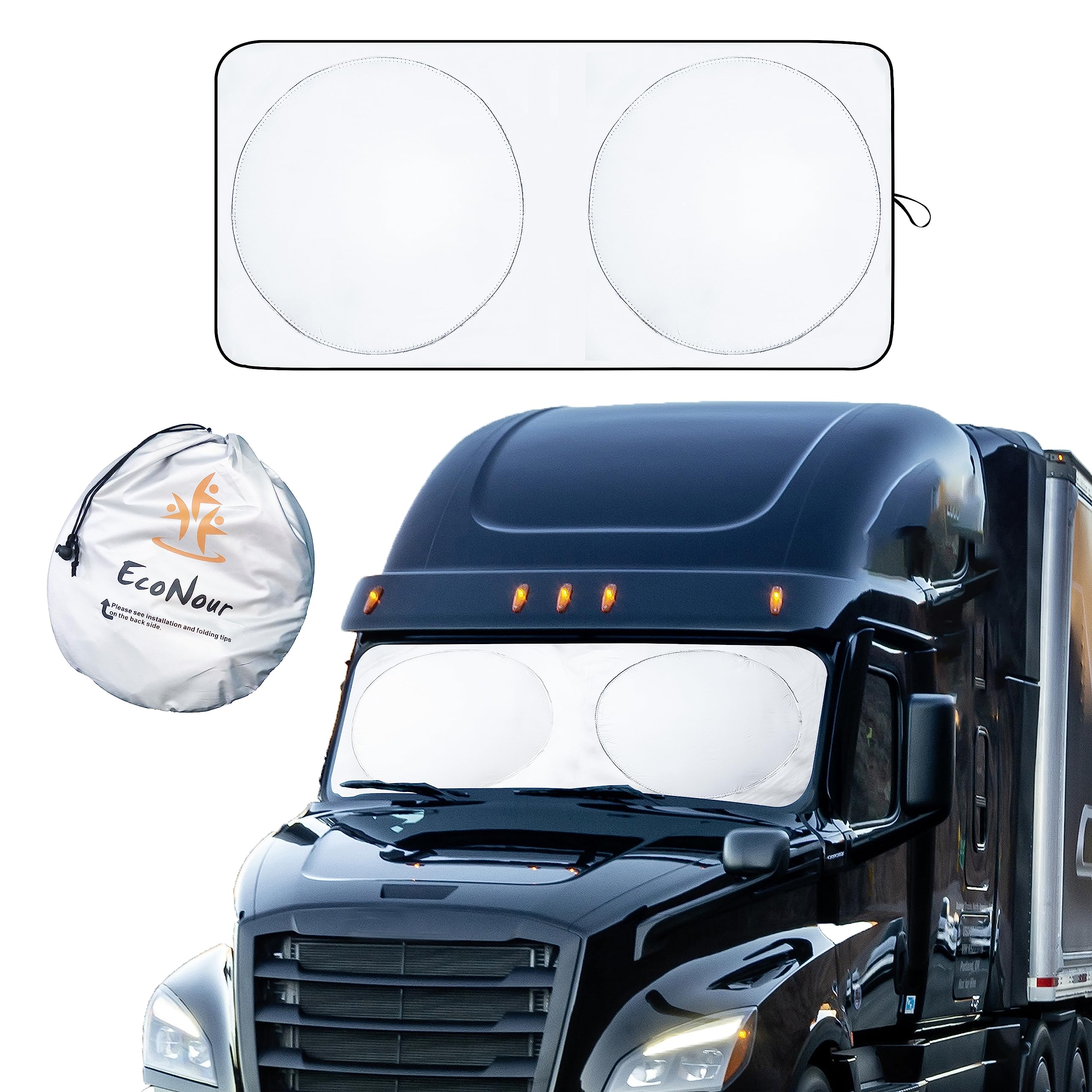 Econour Semi-Truck Sun Shade For Windshield (2 Ring) | 240T Uv Protective Sunshade For Truck Windshield Maximum Coverage To Bloc