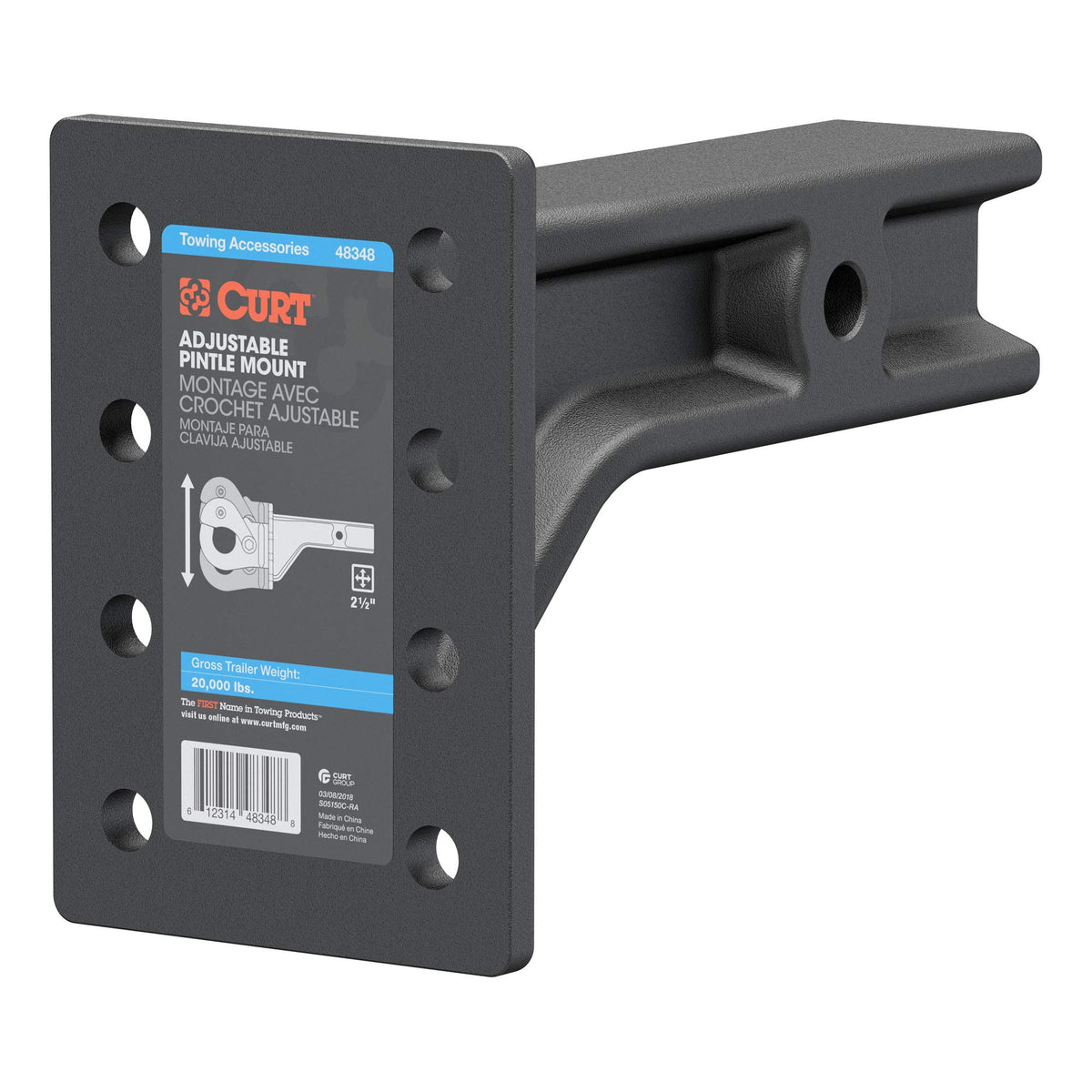 Curt 48348 Adjustable Pintle Mount For 2-1/2-Inch Hitch Receiver, 20,000 Lbs, 7-1/4-Inch Height, 10-3/4-Inch Length, Carbide Bla