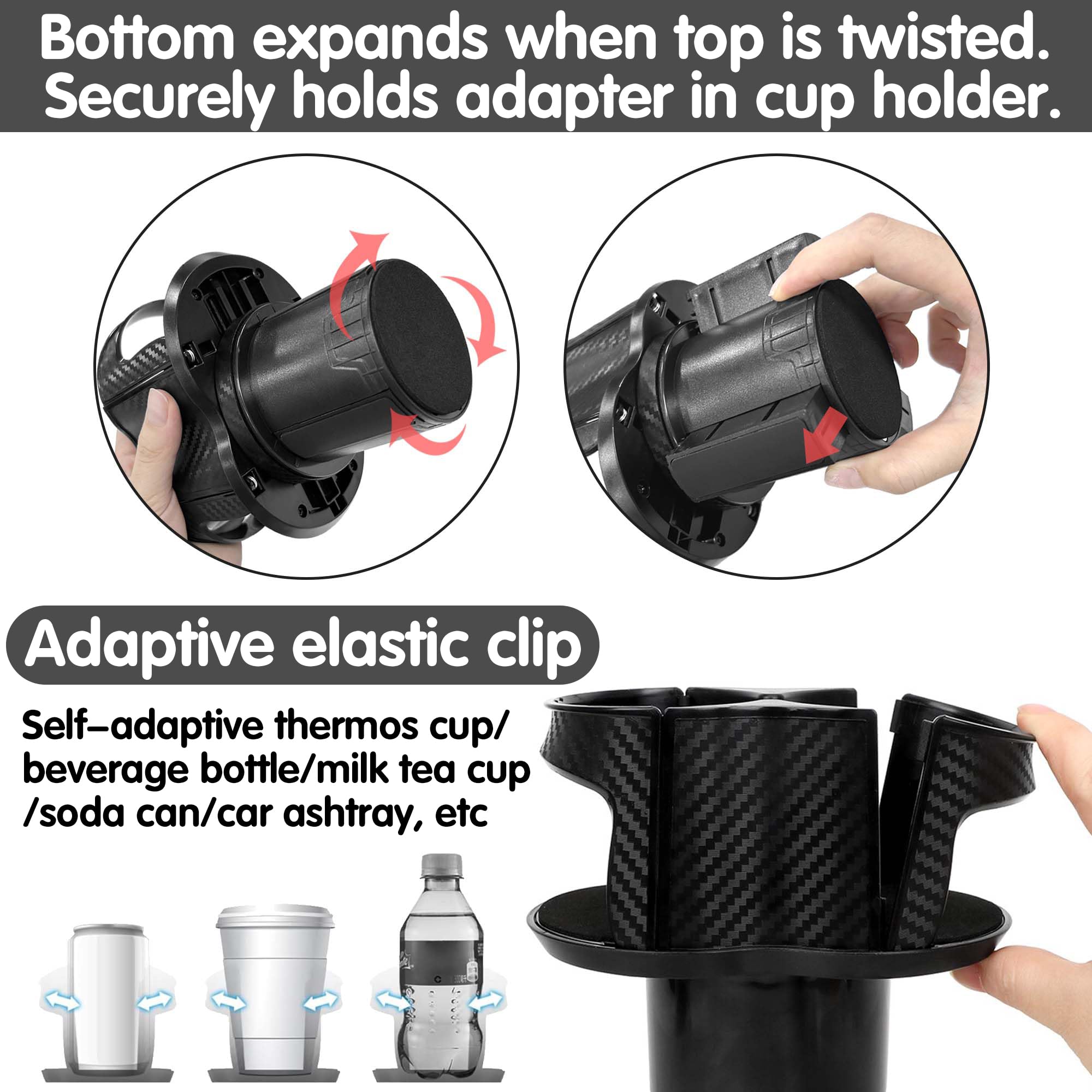Reofrey 2-in-1 Multifunctional Car Cup Holder Expander Adapter, Universal Double Cup Holder with Adjustable Bracket, Elastic Ope