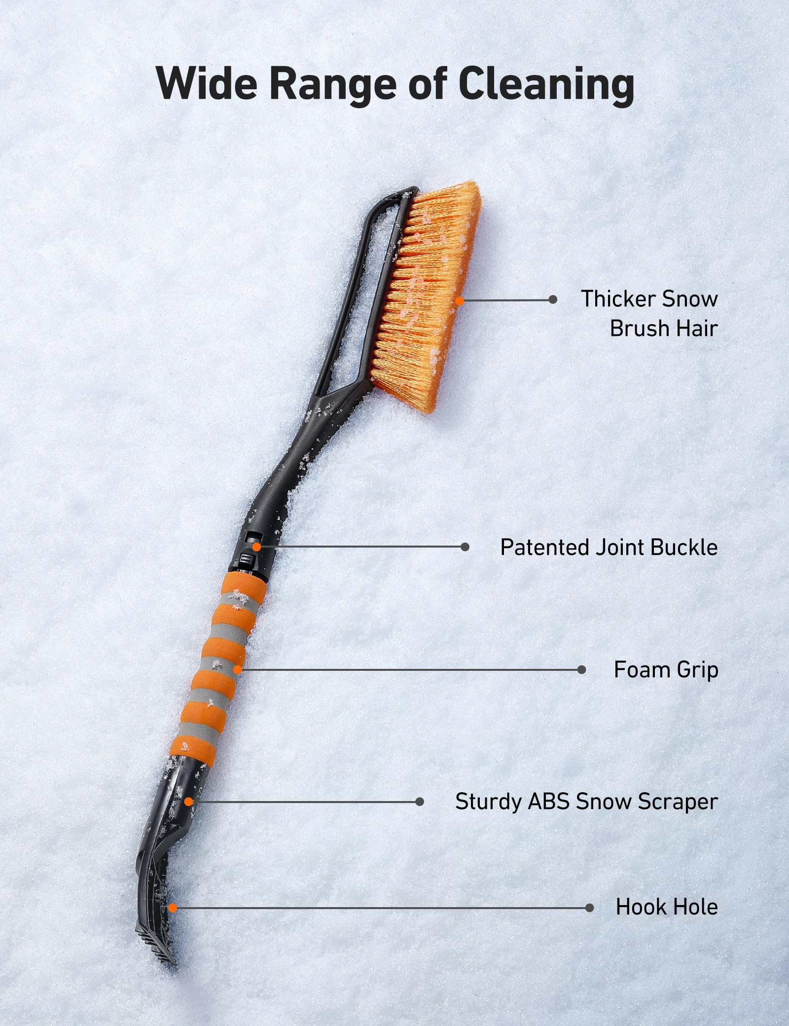 AstroAI 27' Snow Brush and Ice Scrapers for Car Windshield, Detachable Snow Scrapers with Ergonomic Foam Grip for Cars, Trucks, SUVs (Heavy Duty ABS, PVC Brush, Orange)