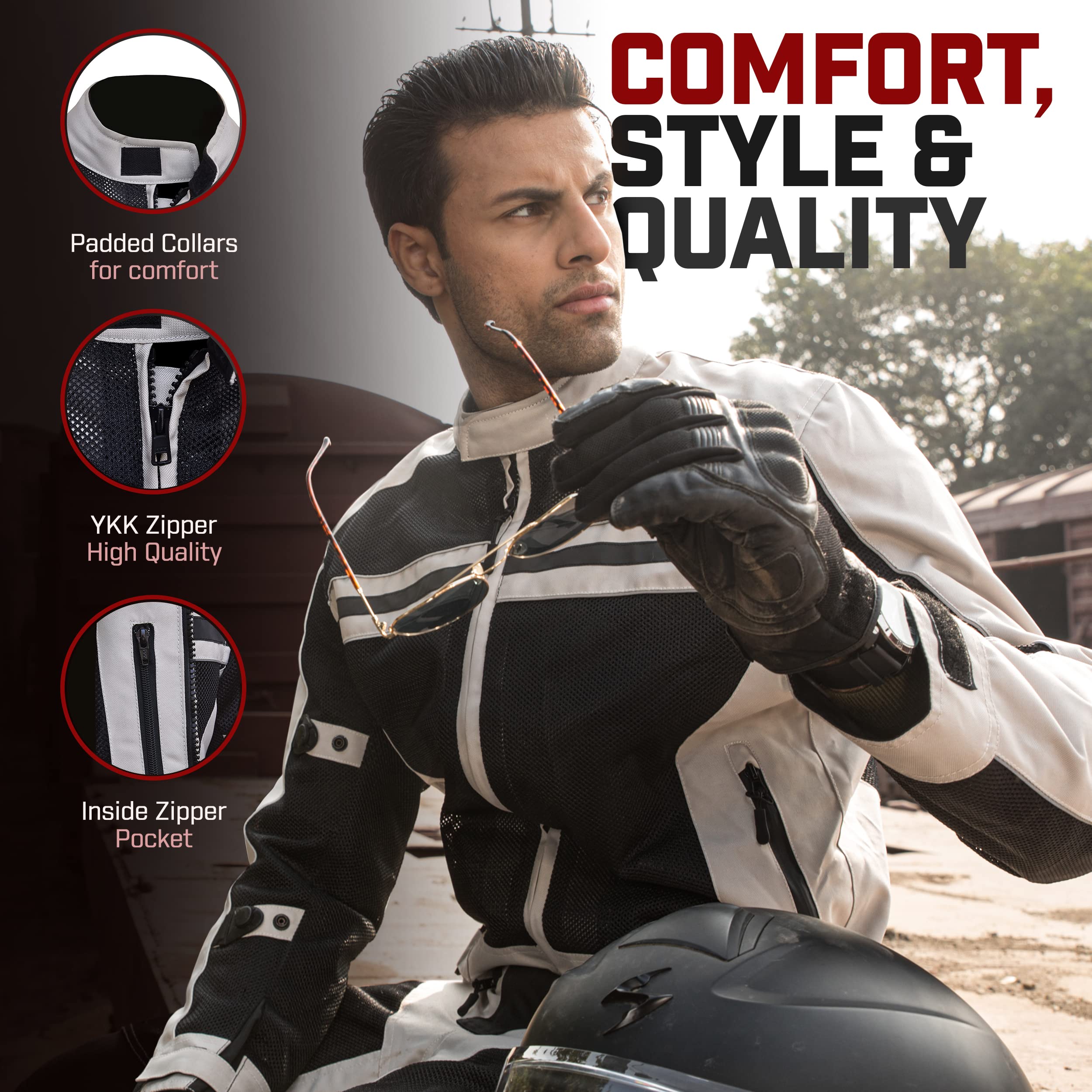 Wicked Stock Motorcycle Jacket Men - Ce Level1 Reflective Summer Biker Jacket Men With Adjustable Cuffs & Waist Belt - Lightweight & Comfortable Mesh Motorcycle Jacket With Armor For Men