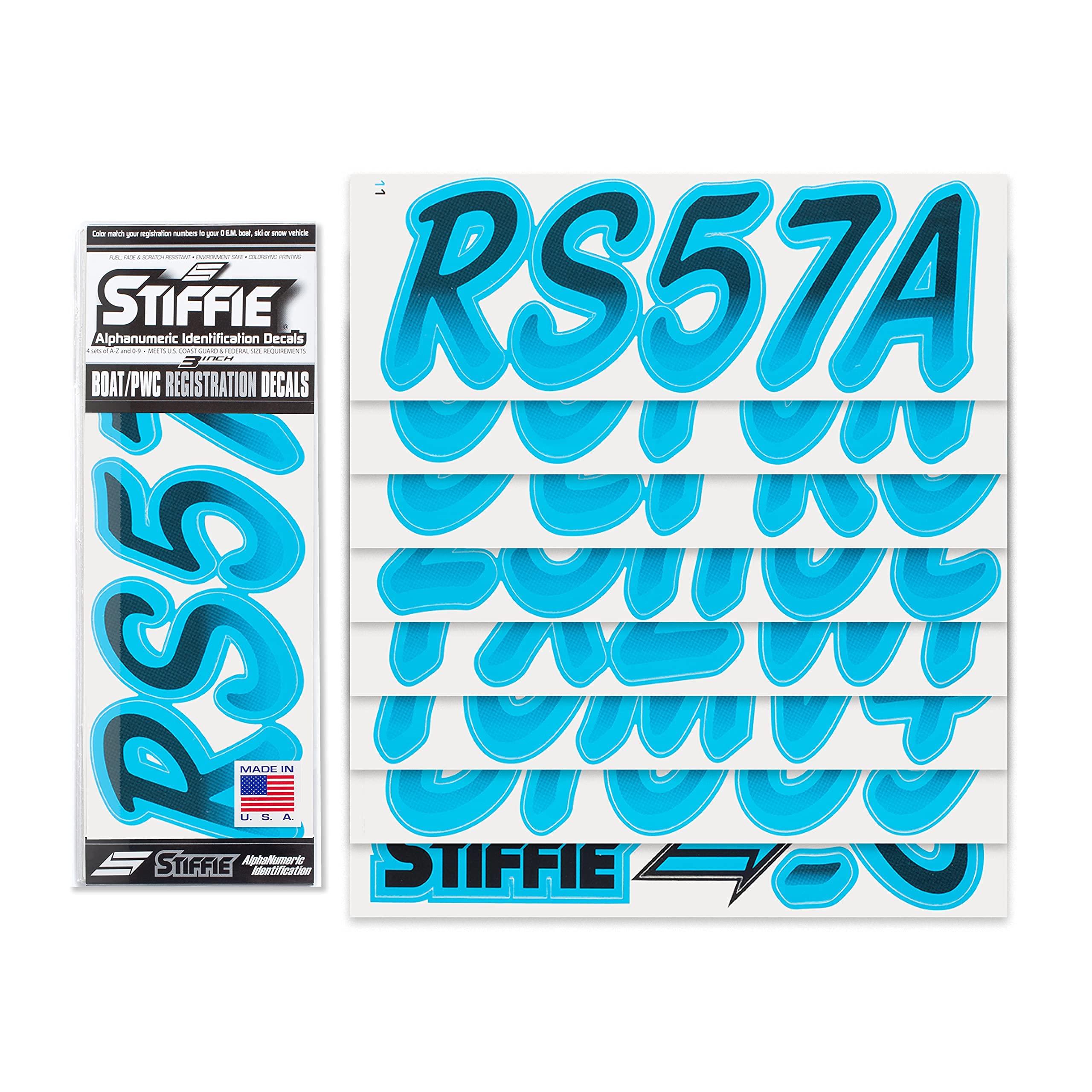 STIFFIE Whipline Black/Sky Blue 3'' Boat & PWC Registration Decals  Numbers Letters Stickers