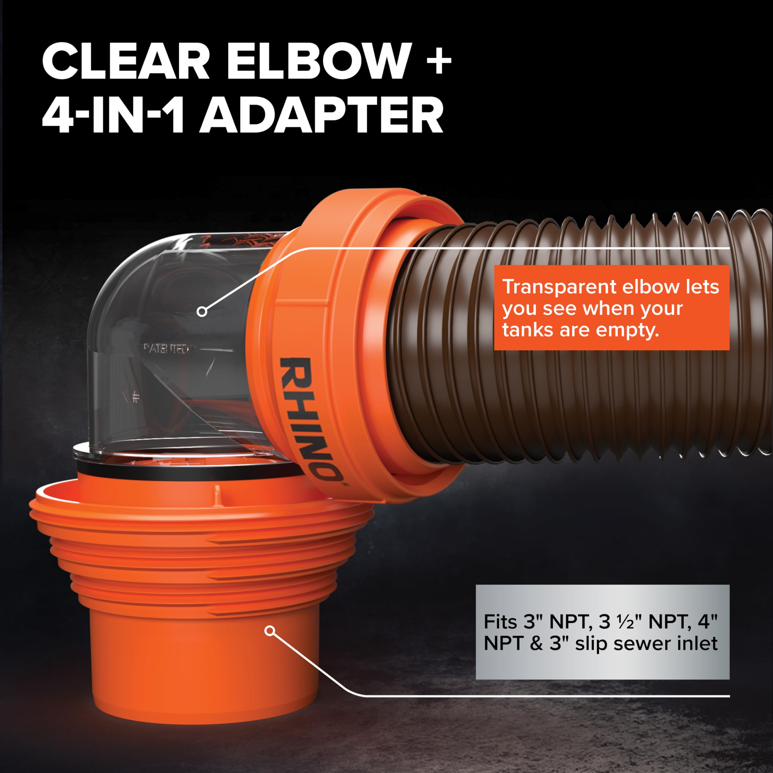 Camco RhinoFLEX 15' RV Sewer Hose Kit - Includes 4-in-1 Adapter, Clear Elbow, & Caps - Connects to 3 Slip & 3''
