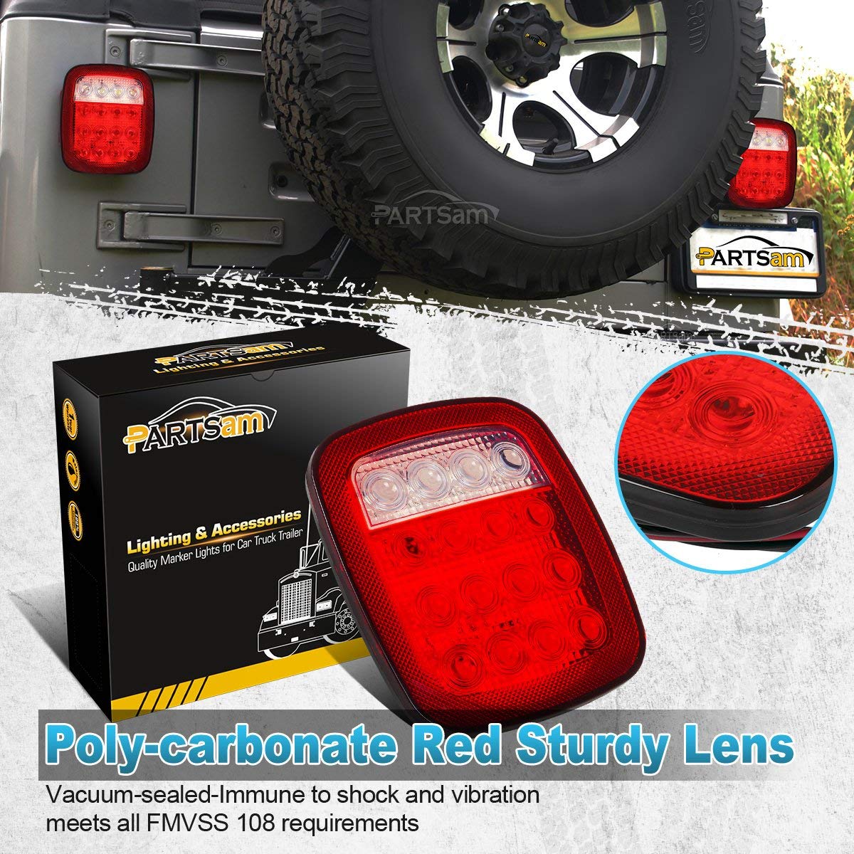 Partsam 2X Universal 16 Led Stop Tail Turn Signal Backup Reverse Brake Clearance Marker Lights Lamps Red/White Replacement For J