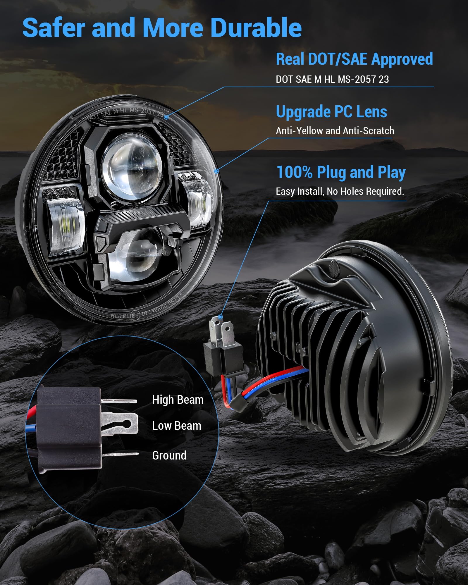 SUMHITIC New Upgraded 5-3/4 5.75 inch LED Motorcycle Headlight DOT Compatible with Harley Davidson Sportster Dyna XL883/XL1200 S