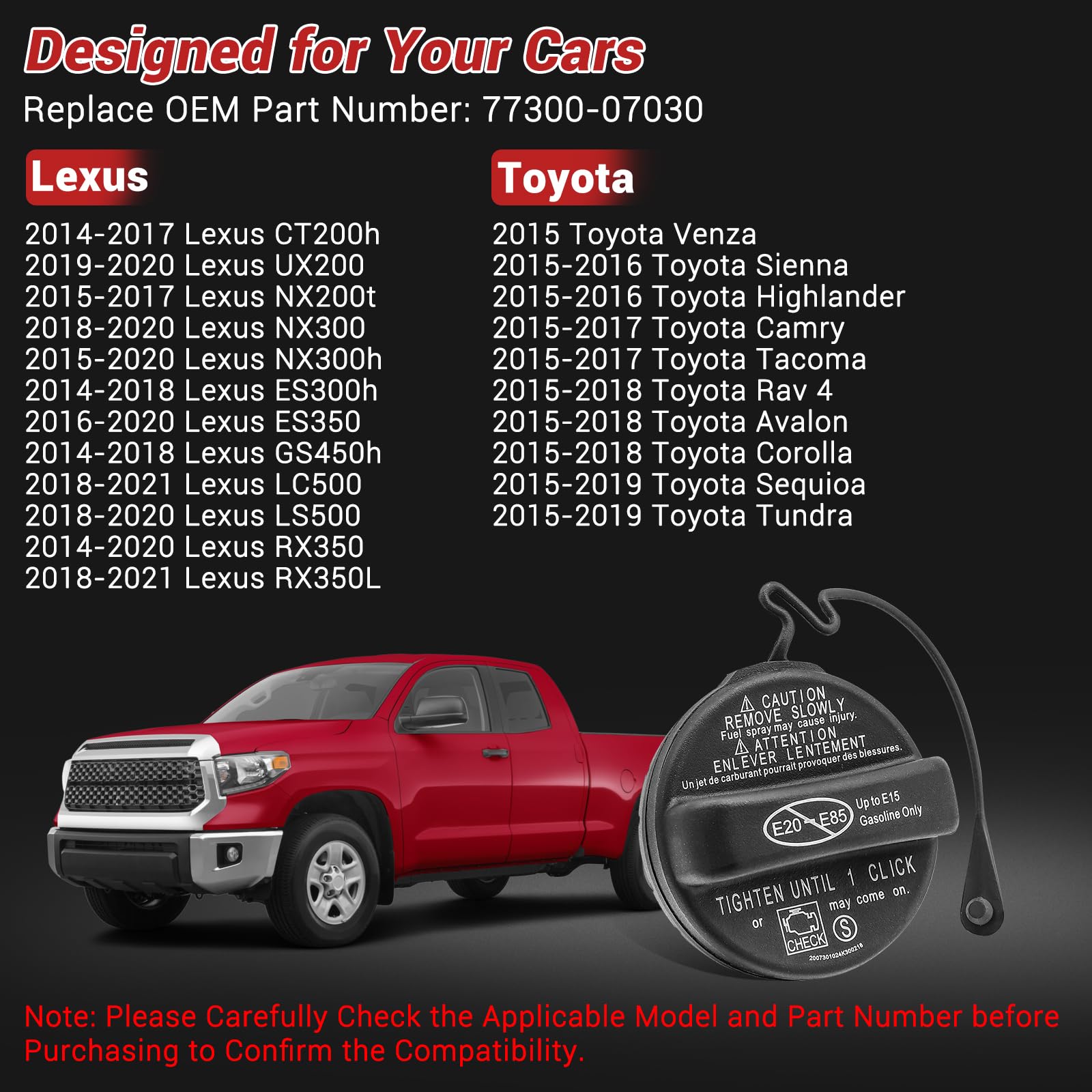 Gas Cap Fuel Cap 77300-07030 For 2014-2021 Toyota Venza Highlander Sienna Tacoma Camry Rav4 Corolla Avalon Tundra Sequioa,Lexus Ct200H Ux200 Es300H Es350 Gs450H Nx300H Rx350 Lc500,77300-53030 Gas Caps