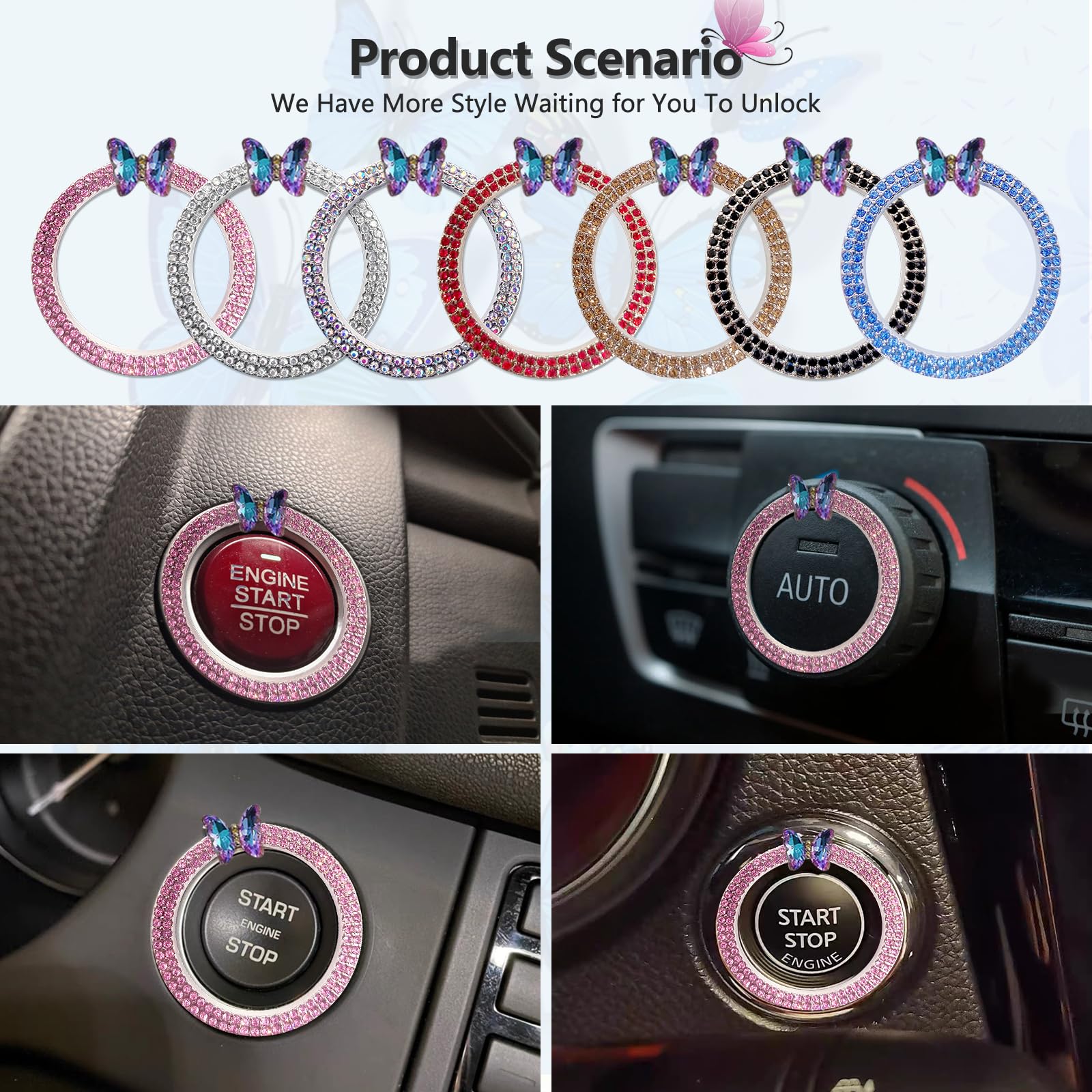 3leavtrees Purple Butterfly Car Bling Ring Emblem Car Accessories for Buttons & Knobs,Shiny Crystal Rhinestone Cover Protection