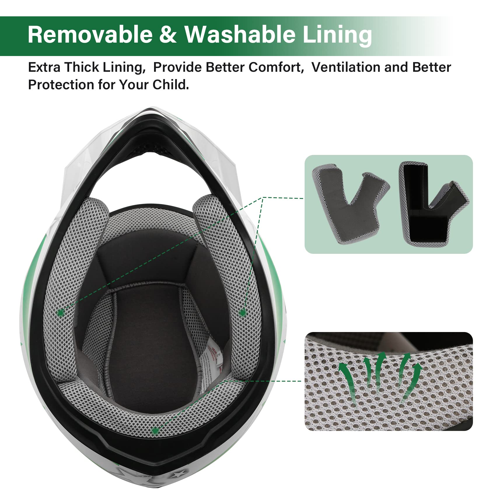 Xfmt Dot Youth Kids Motocross Offroad Street Dirt Bike Helmet Goggles Gloves Atv Mx Helmet, Green Star