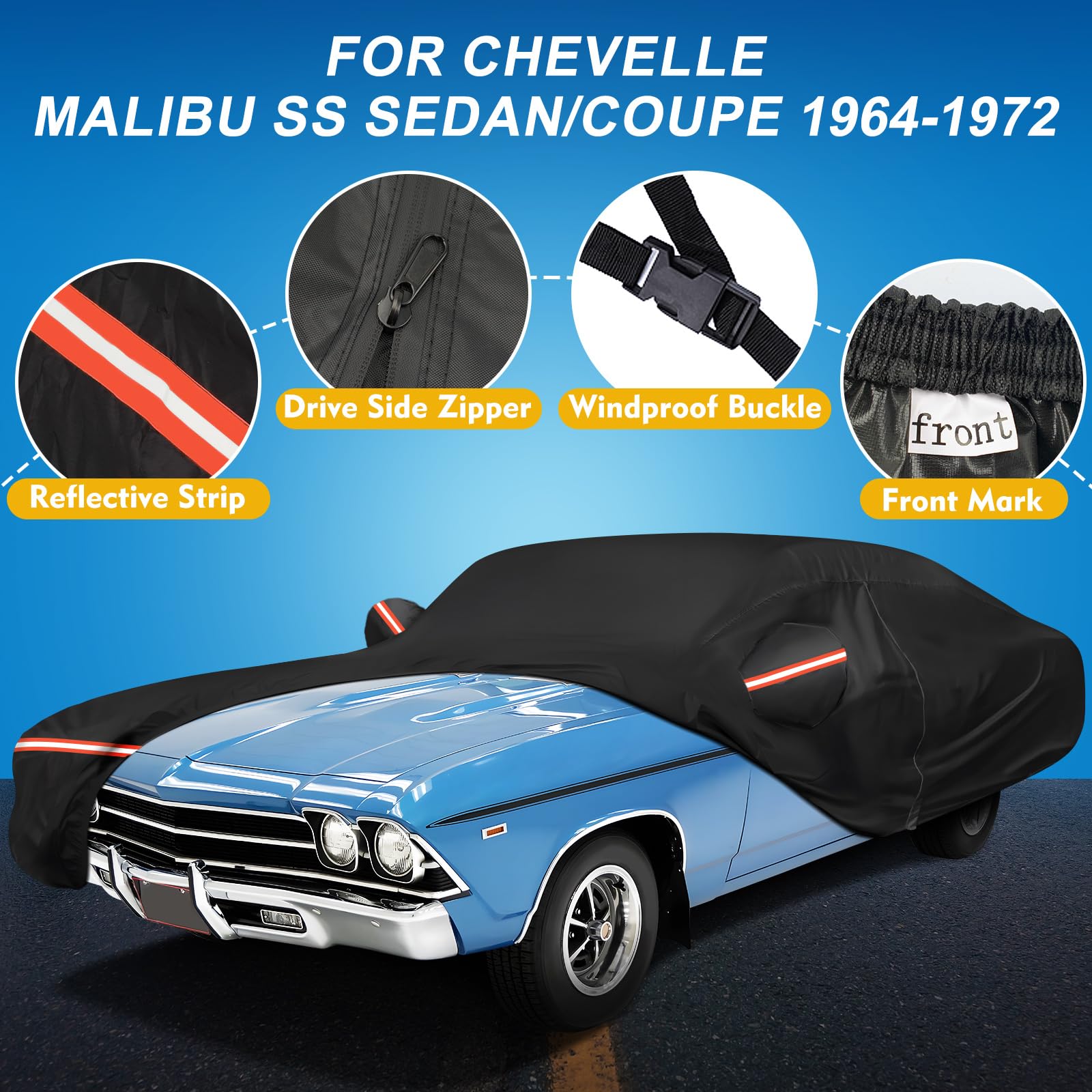 QUNSUNUS Waterproof Car Cover for Chevelle Malibu SS Sedan/Coupe 1964-1972, Outdoor Car Cover with Zipper, Full Exterior Car Cov