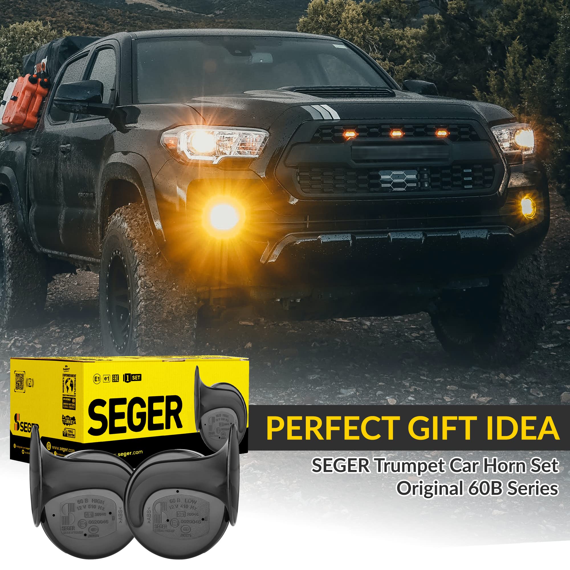SEGER Trumpet Car Horn Set - Truck Horn - Waterproof - High/Low Tone, 12 Volt, Universal Fit - Original 60B Series - European Ma