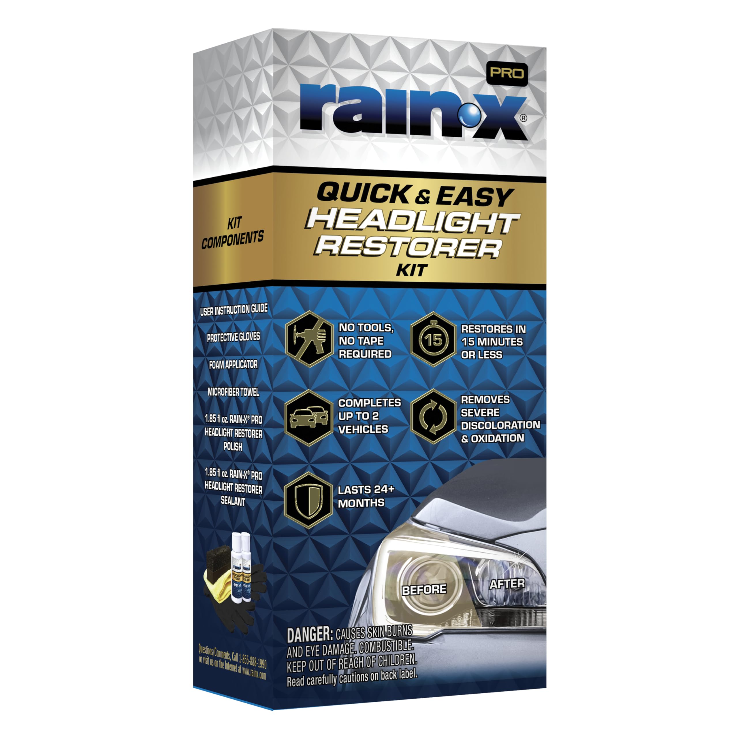 Rain-X 610200 2-Step Headlight Restorer Kit, Restores Clarity Of Headlights Preventing Oxidation & Discoloration, Quick & Effect