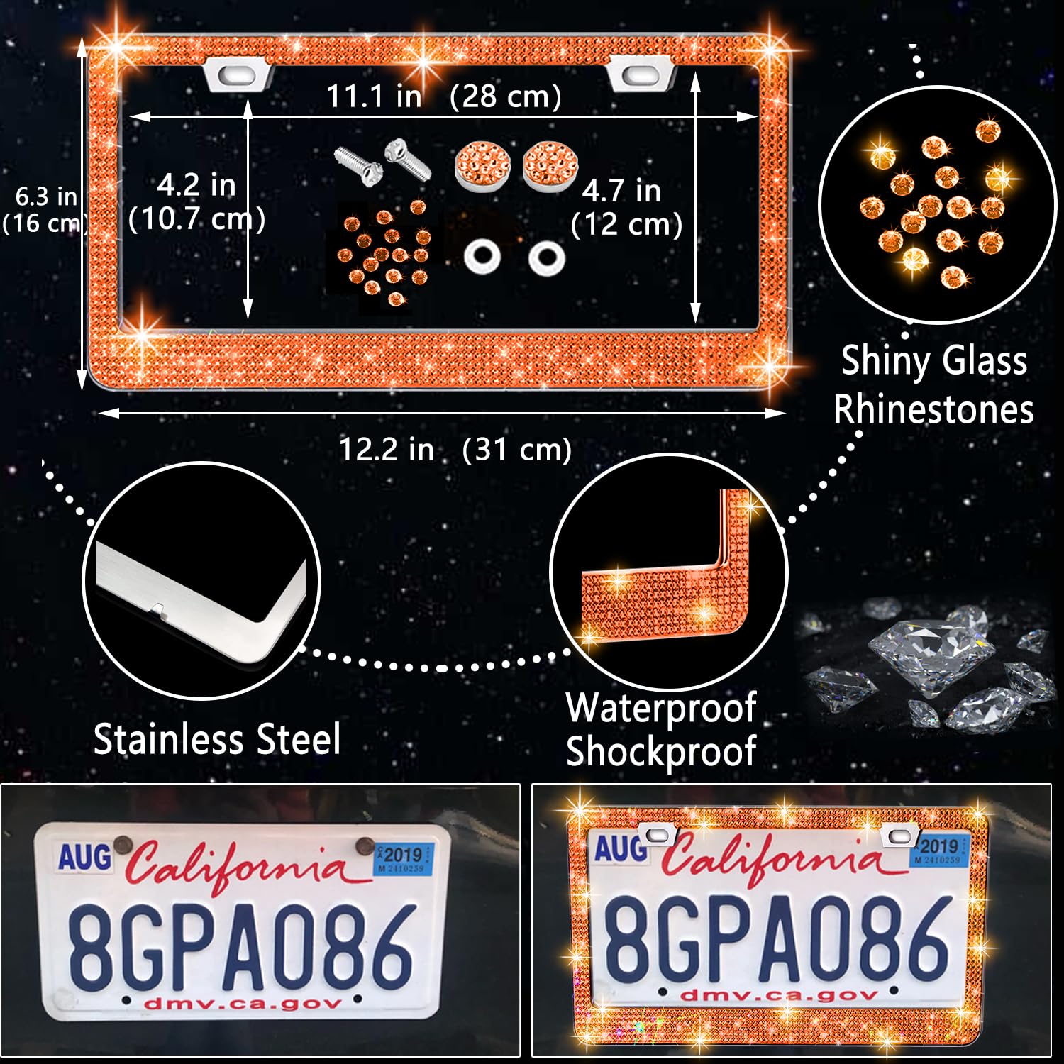 NBTEPEM 27 PCs Orange Bling Car Accessories Set for Women, Bling Steering Wheel Covers Universal Fit 15 Inch, Bling License Plat