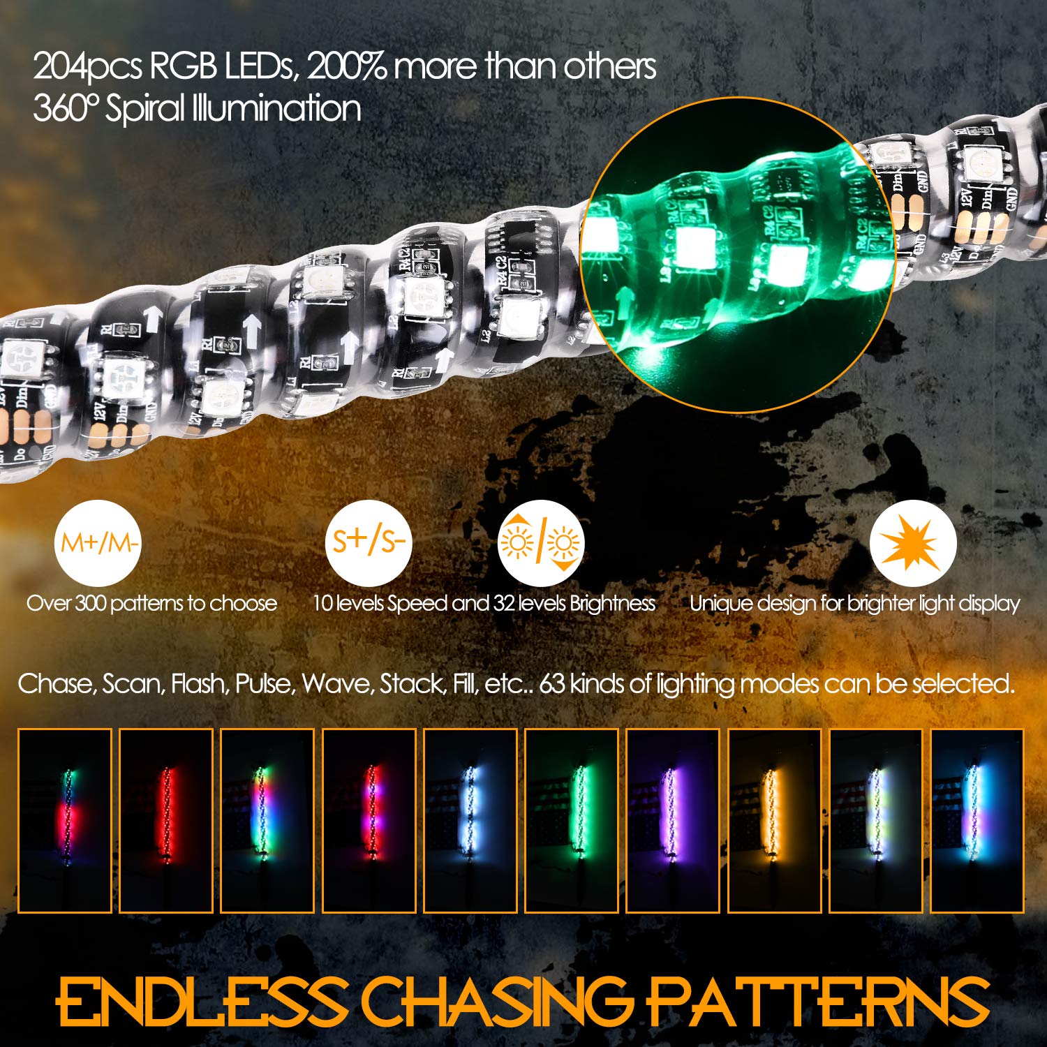 Nirider 2PCS 2ft LED Whip Lights with Flag Pole Remote Control Spiral RGB Chase Light Offroad Warning Lighted Antenna LED Whips