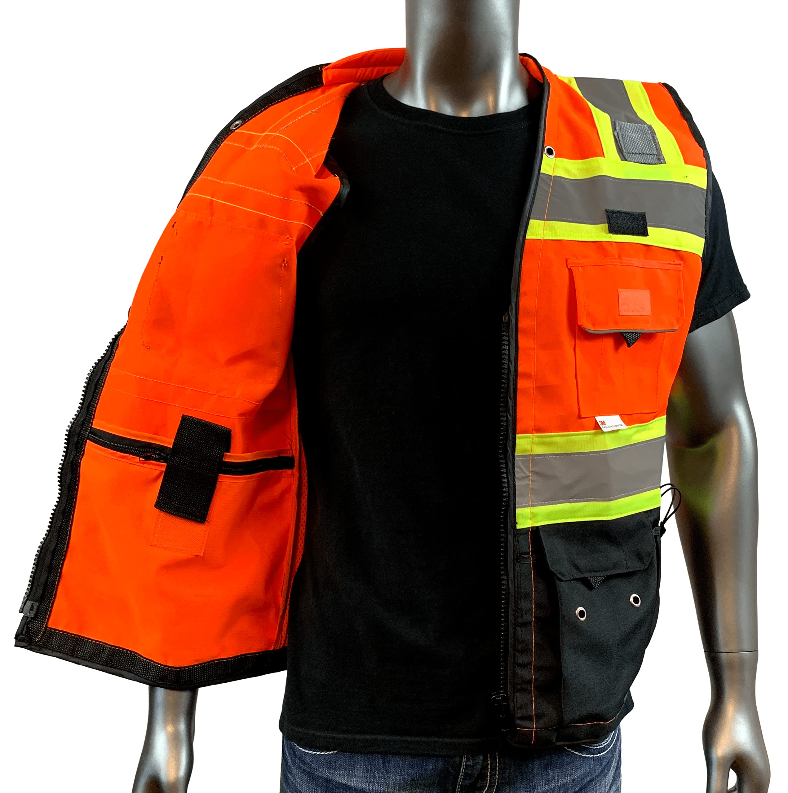 REXZUS (C Vest Mens Class 2 Black Series Safety Vest With Zipper and Utility Pockets Premium Black Series Surveyors Vest (Medium