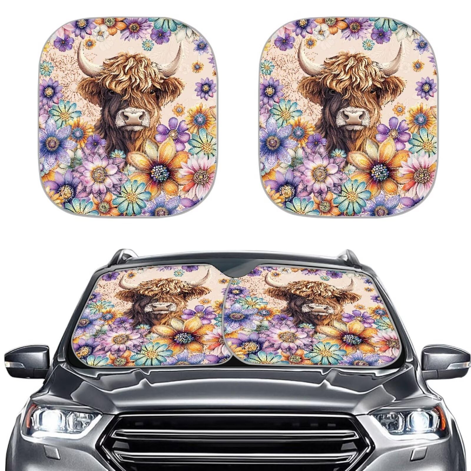 Huisefor Highland Cow Automotive Windshield Sunshades Set Of 2 Flower Sun Shade For Car Windshield Easy To Install Windshield Co