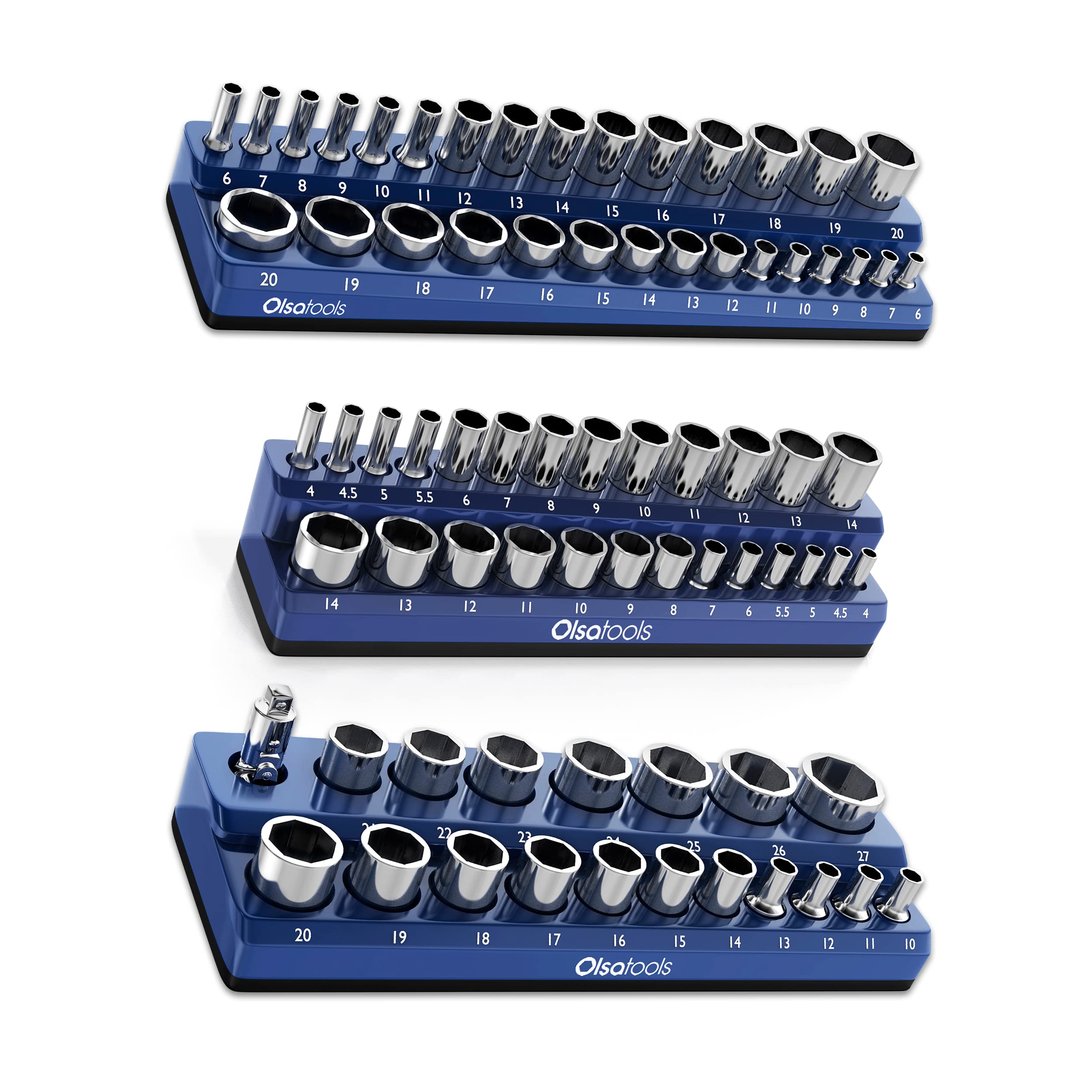 Olsa Tools Magnetic Socket Organizer  3 Piece Socket Holder Kit  1/2-inch, 3/8-inch, 1/4-inch Drive  Metric Blue  Holds 75 Socke