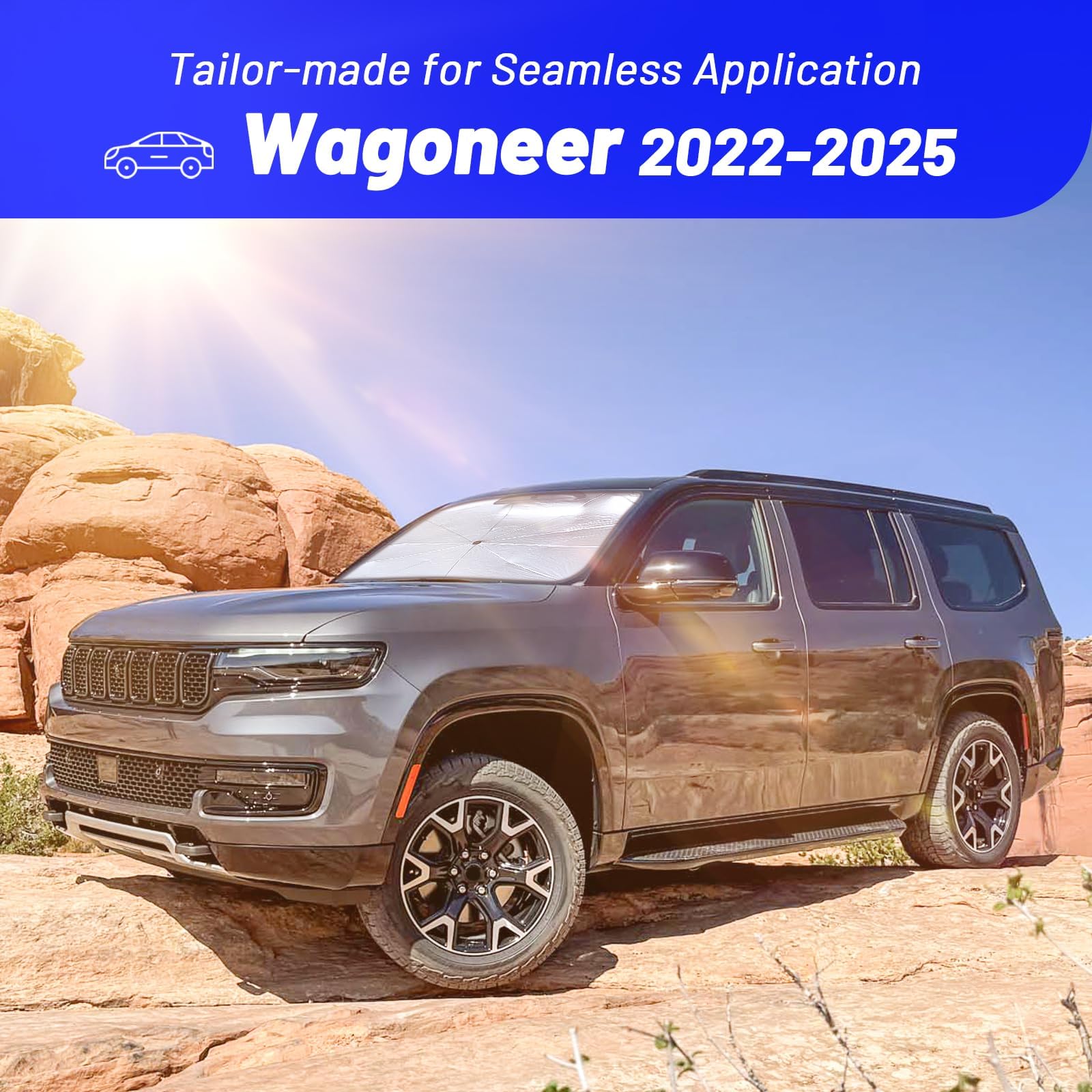 Windshield Sun Shade Umbrella for Jeep Wagoneer 2022-2025, Foldable Front Window Sunshade with 360 Rotating Shaft, Custom Fit Ca