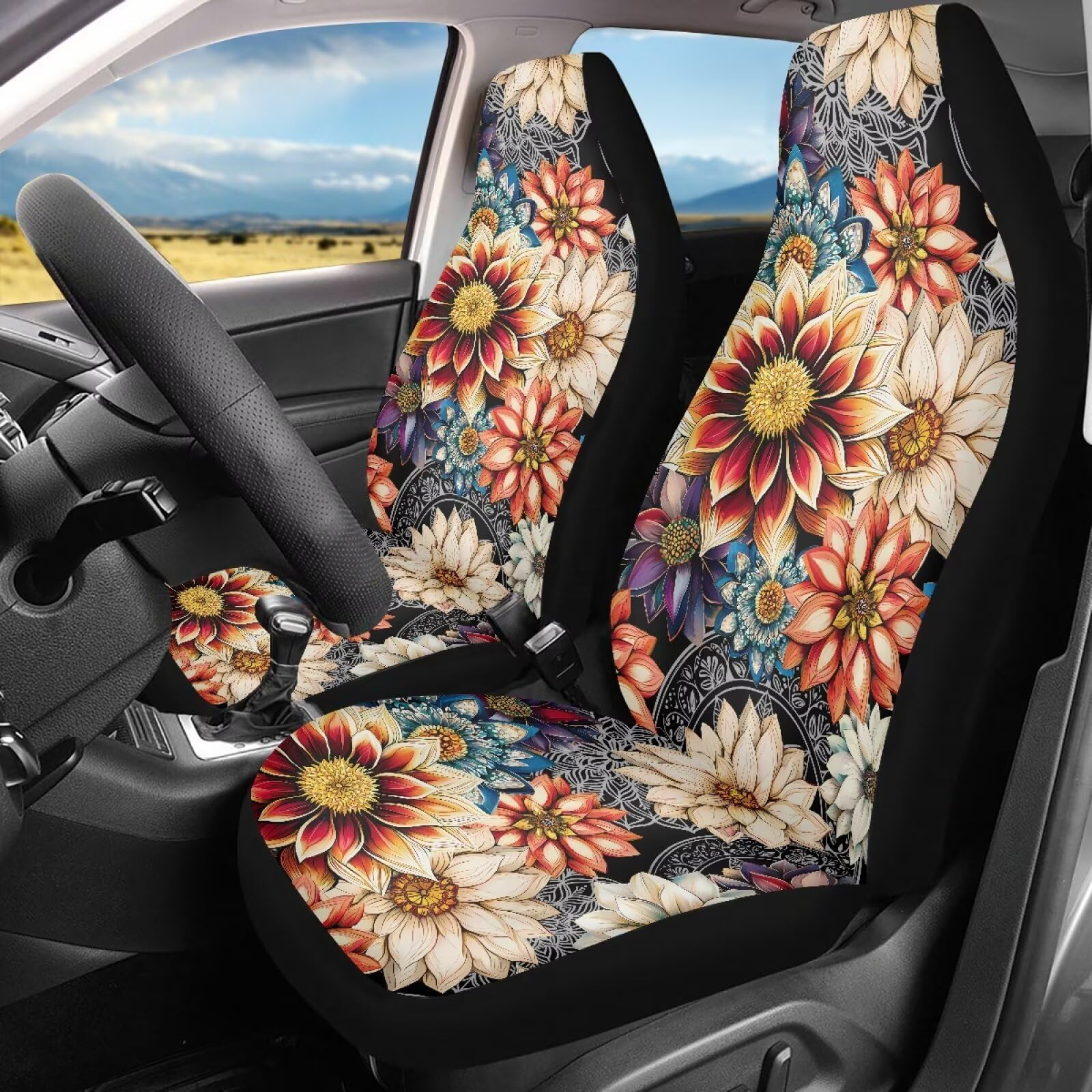 Toaddmos Dahlia Flowers Blossom Car Seat Covers For Front Seats Ethnic Style Bucket Seat Covers Universal Fit For Suv Truck Seda