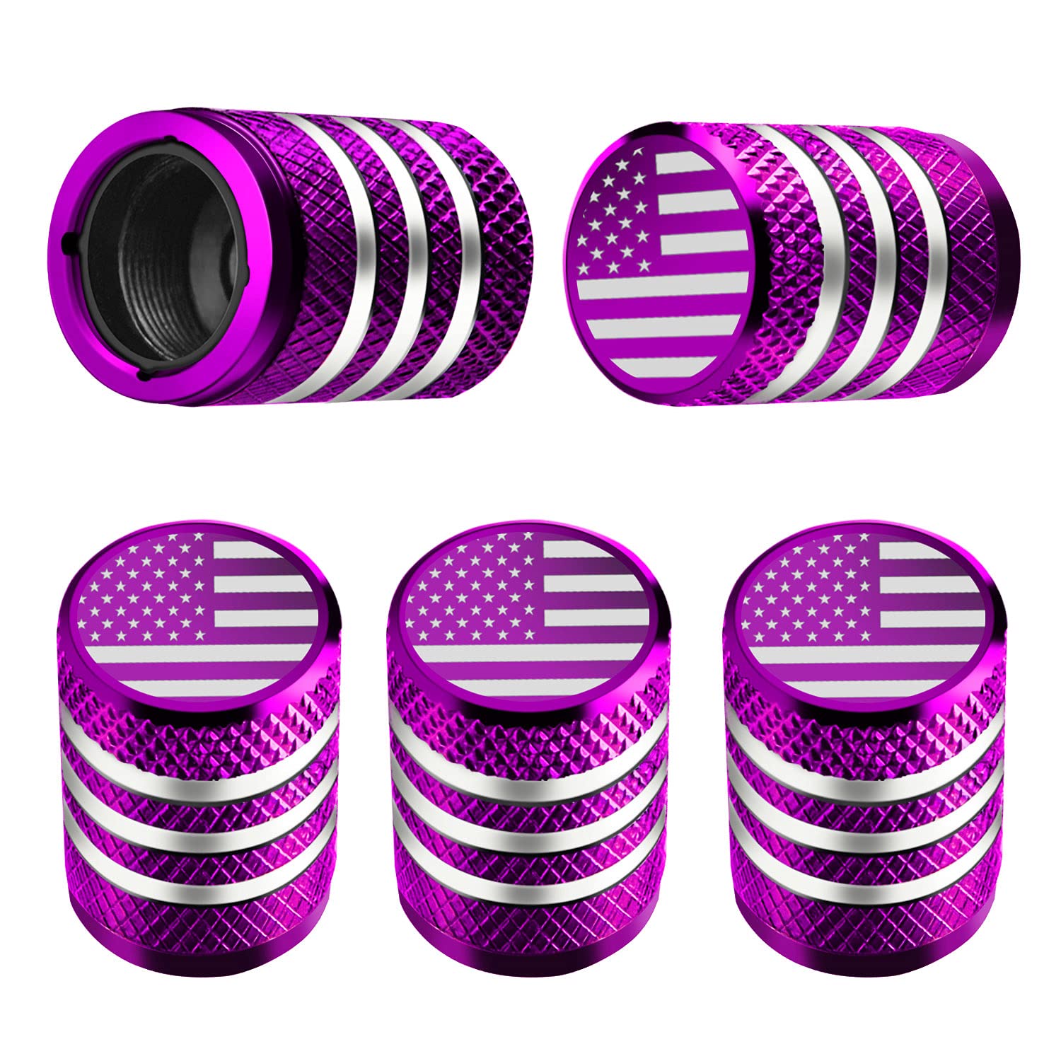 Tire Valve Stem Cap Cover - (5 Pack) Tire Air Cap Metal With Plastic Liner Corrosion Resistant Leak-Proof American Flag For Car Truck Motorcycle Bike Purple