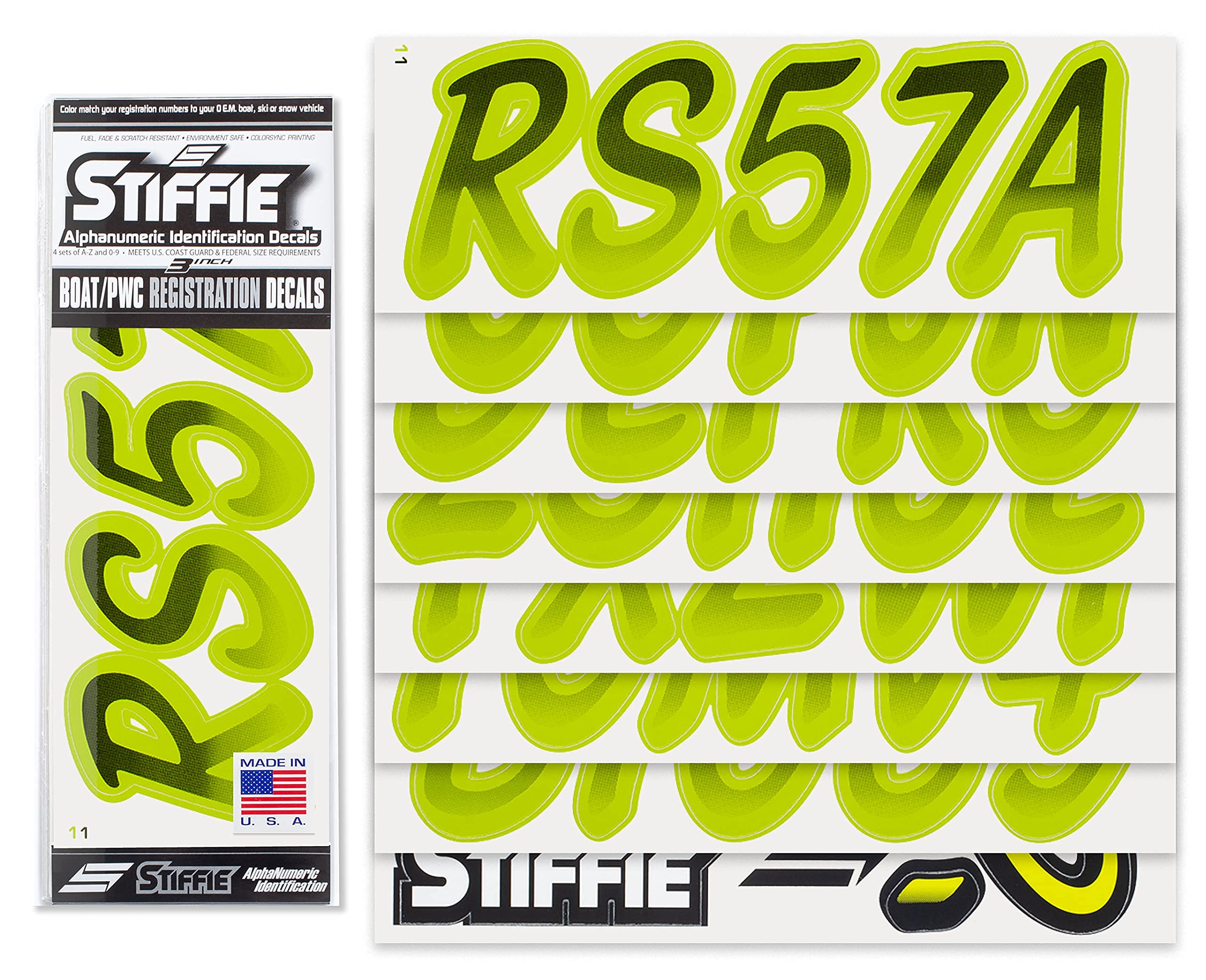 Stiffie Whipline Black/Electric Lime 3 '' Boat & Pwc Registration Decals  Numbers Letters Stickers