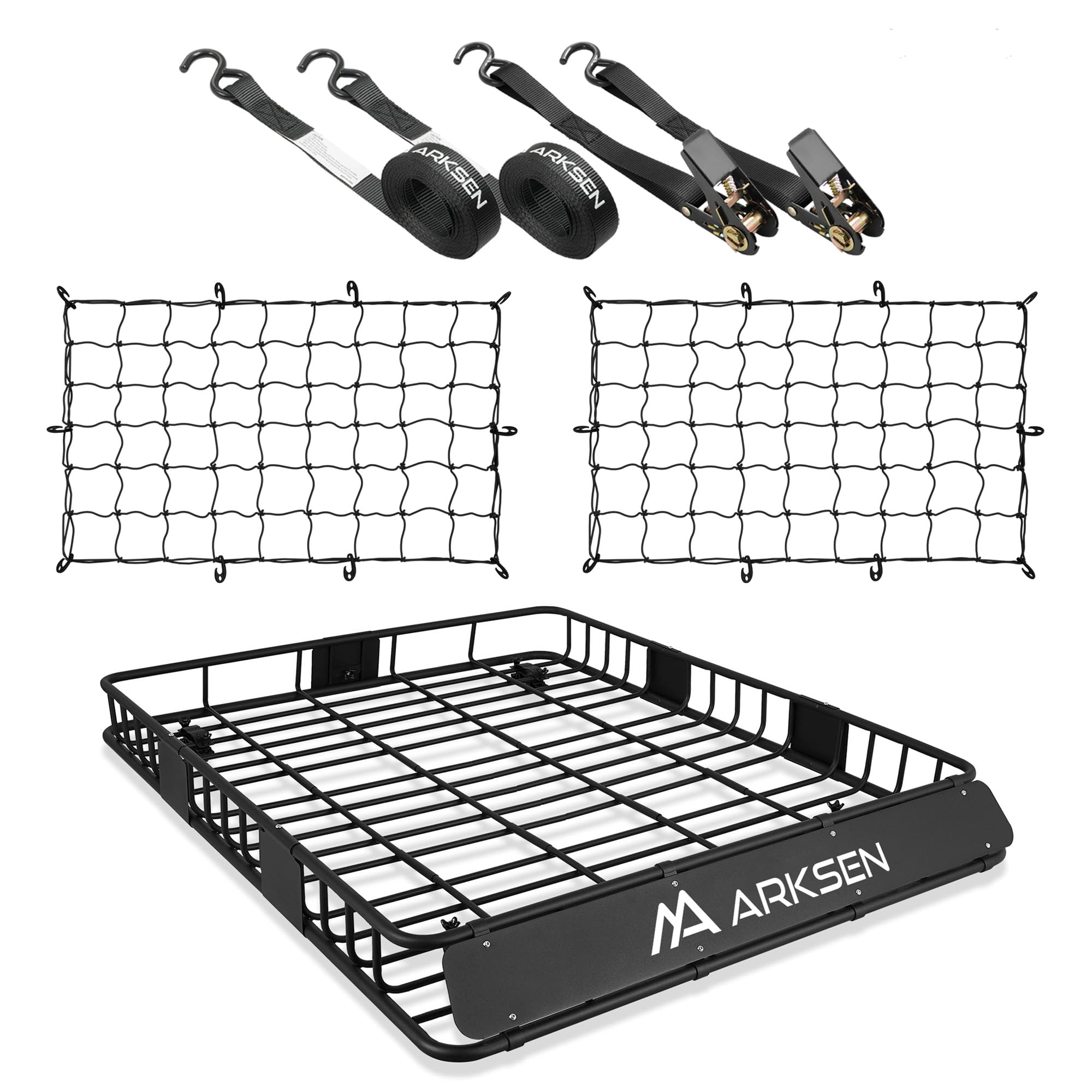 Arksen 64 X 50 X 6 Inch Universal Extra Wide 250Lb Heavy Duty Roof Rack Cargo With 2 Nylon Cargo Nets, 2 Ratchet Straps, Car Top