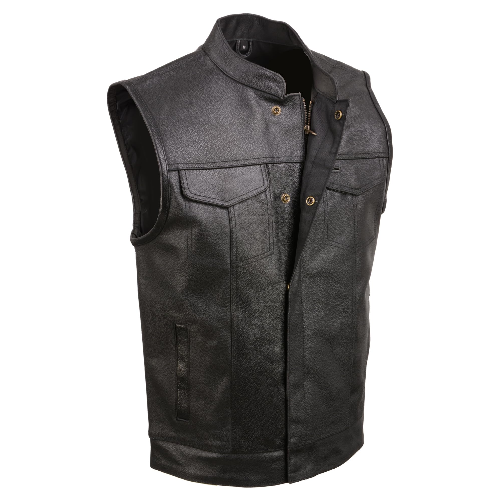 Men'S Leather Motorcycle Vest Zipper & Snap Closure W/ 2 Inside Gun Pockets & Single Panel Back (6X - Big)