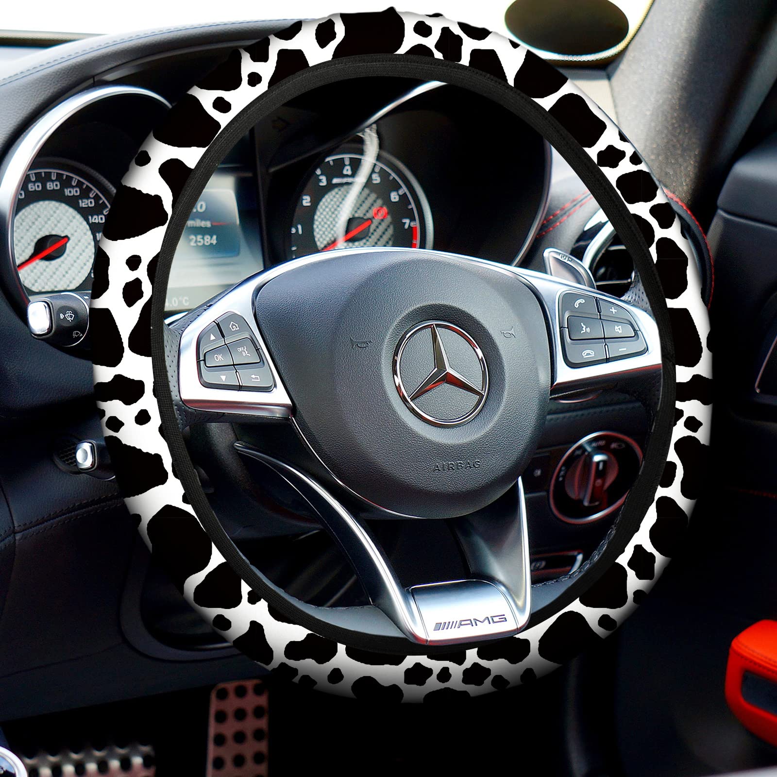 Cow Print Car Seat Covers Full Set For Women Men Cow Print Car Accessories Set Rubber Steering Wheel Cover Car Armrest Pad Cover