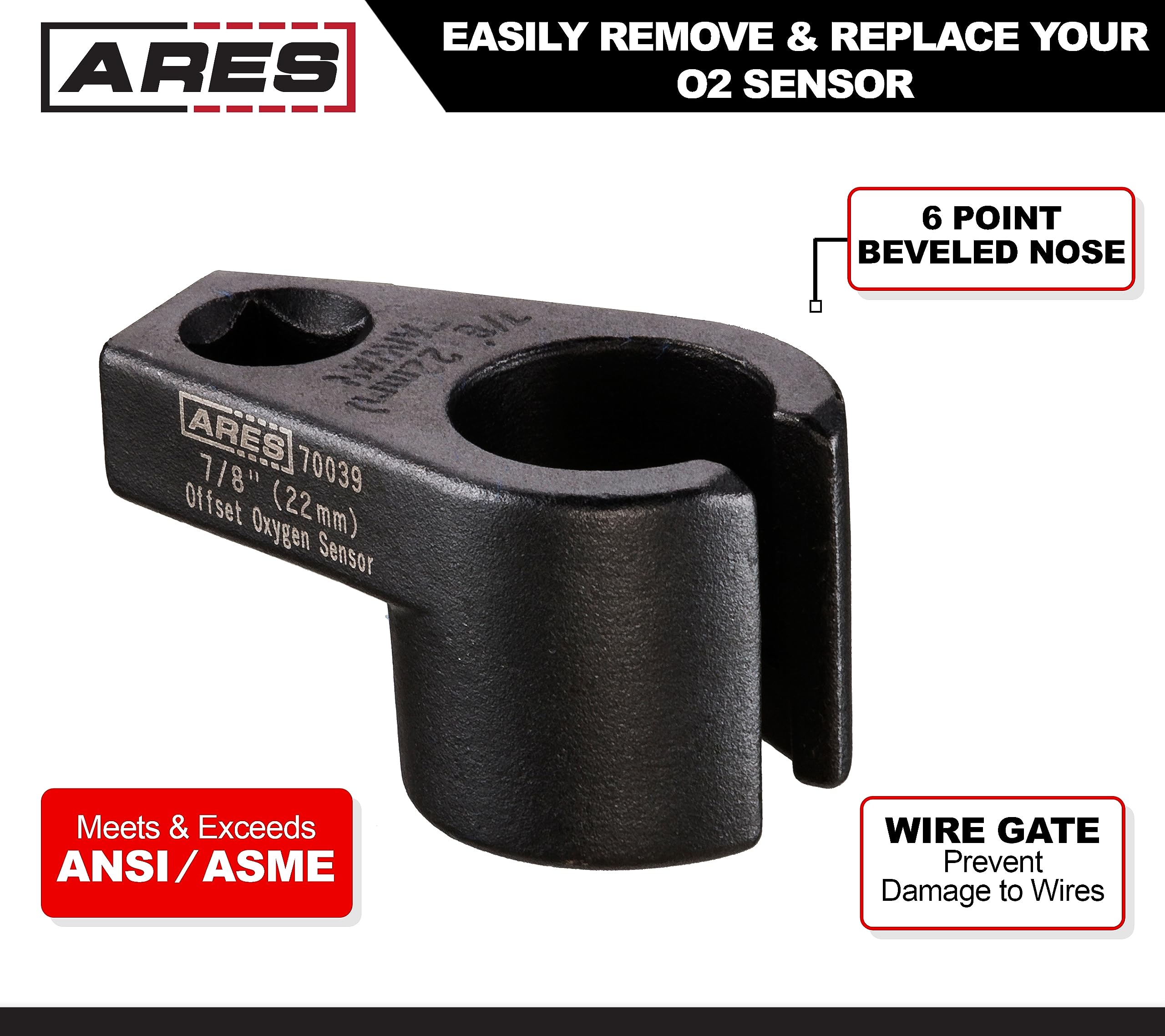 Ares 70039-3/8-Inch Drive By 7/8-Inch (22Mm) Offset Oxygen Sensor Socket - Wire Gate Accesses Sensor From Side, Preventing Damage To Wires
