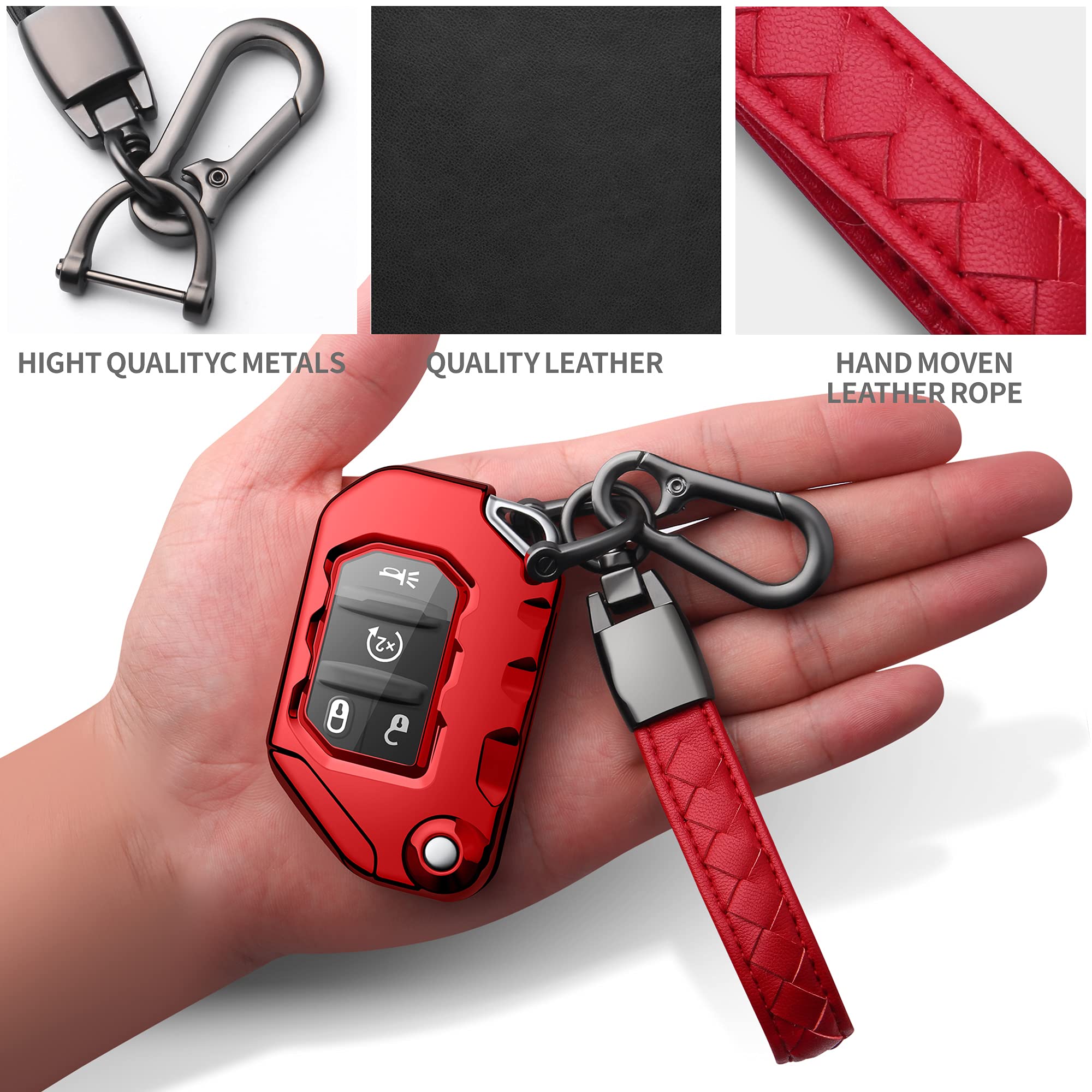 Autophone Jeep Key Fob Cover with Leather Keychain, Soft TPU Protection, Hot Red for 2018-2021 Wrangler JL Gladiator Remote Key