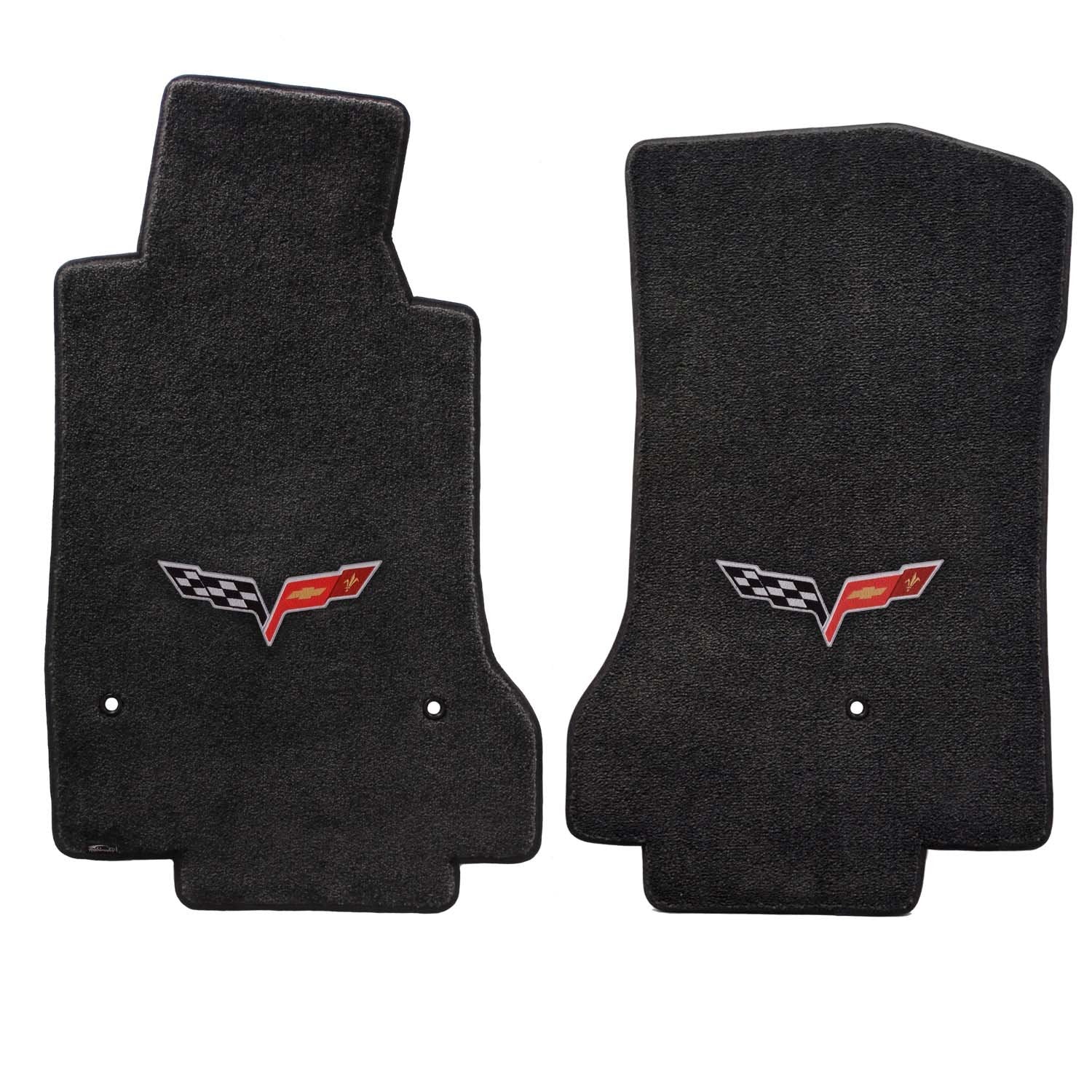 Fits 2007.5-2013 C6 Corvette Driver & Passenger Floor Mats Set; Black / Ebony Velourtex Fabric With Crossed Flags Logo Embroider