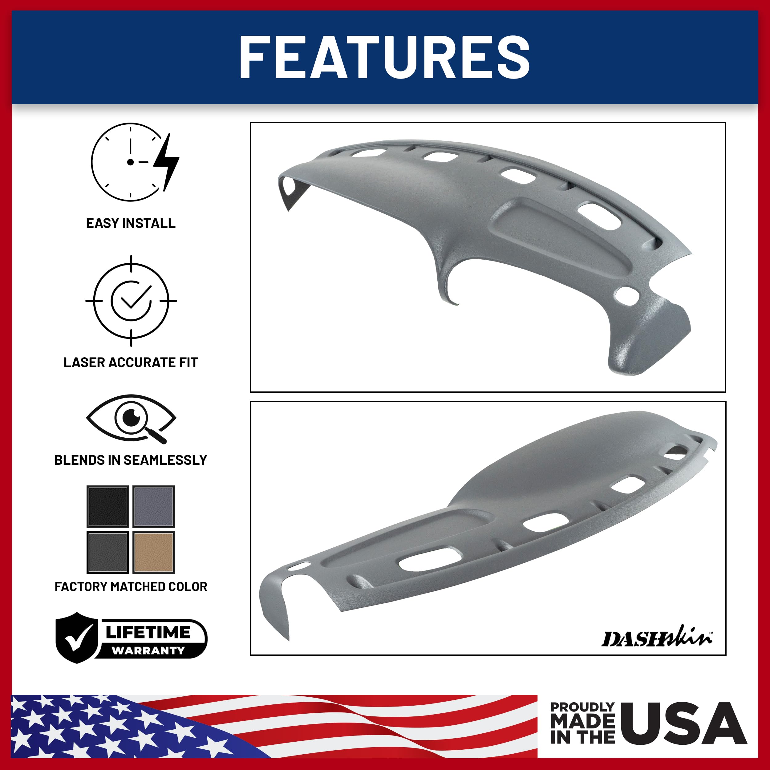 Dashskin Molded Dash Cover Cap Compatible With 1998 1999 2000 2001 Dodge Ram 1500 (98-02 Ram 2500 & 3500) In Mist Grey - Made In