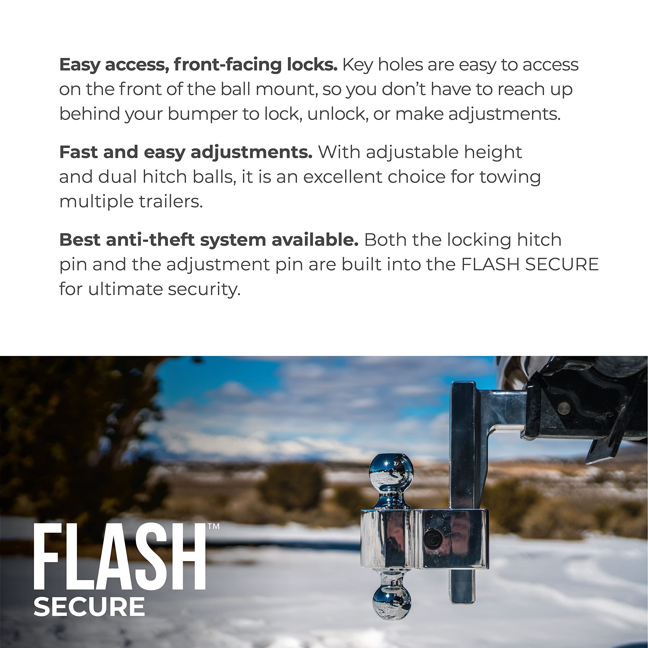 Fastway Flash Secure 44-00-4606 Adjustable Dual Locking Aluminum Ball Mount With 6 Inch Drop, 2.5 Inch Shank, Built-In Locks, An