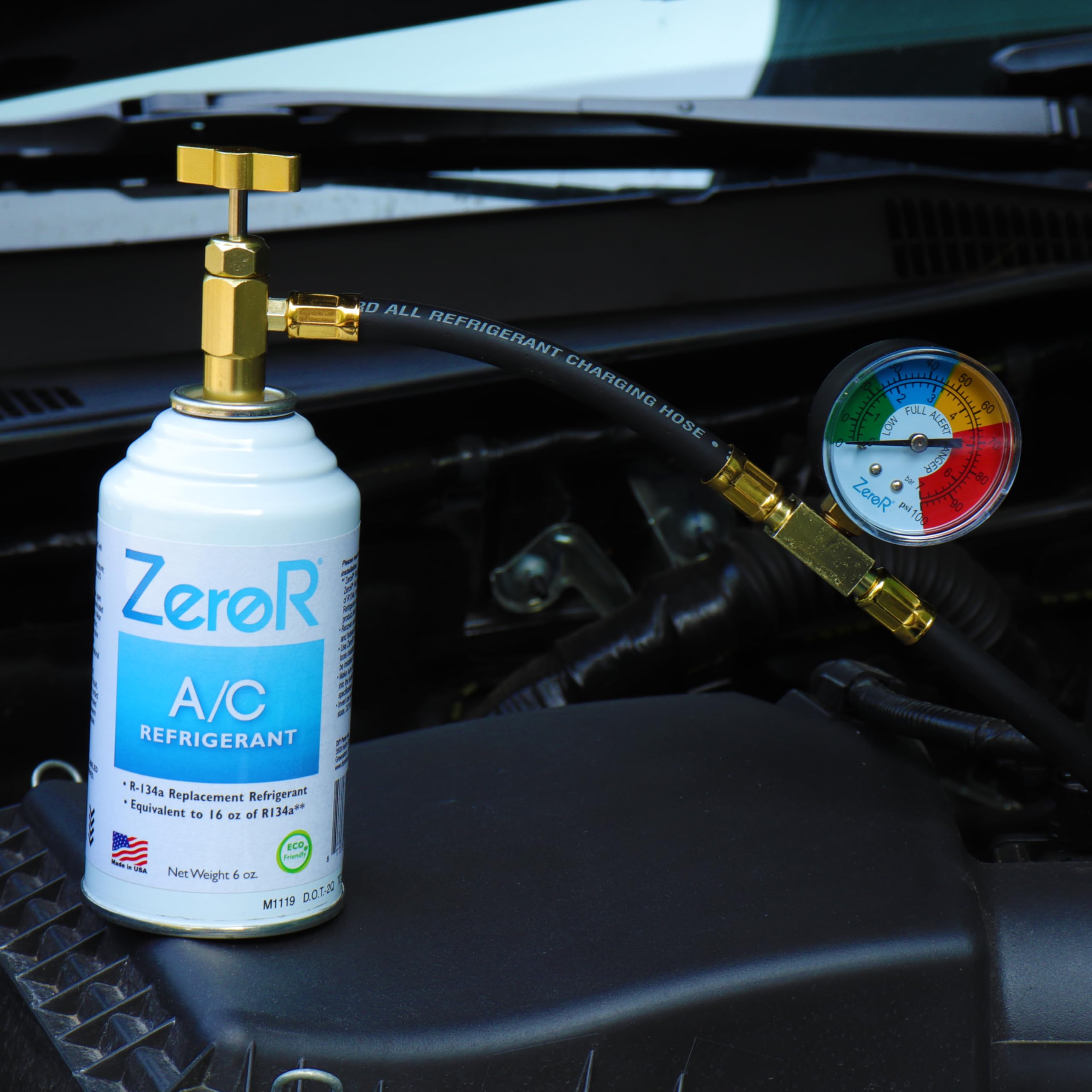 ZeroR AC Refrigerant R134a Replacement - 2x6oz Cans with 24" HD Can Tap Gauge - Model Z134HDK