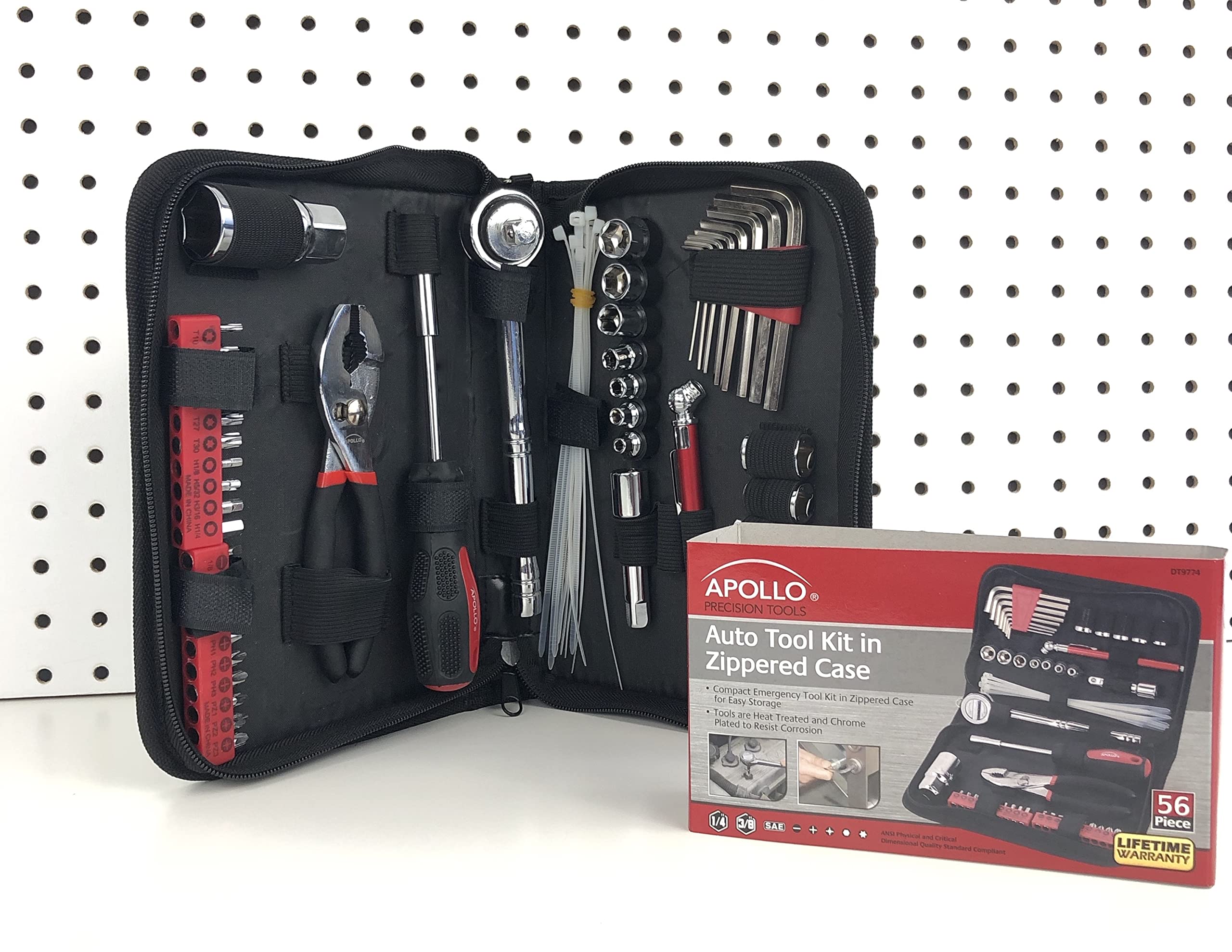 Apollo Tools 56 Piece Compact Sae Auto Tool Set In Zippered Case, Small Mechanic Tool Set For Car Emergency, Motorcycle Repair O