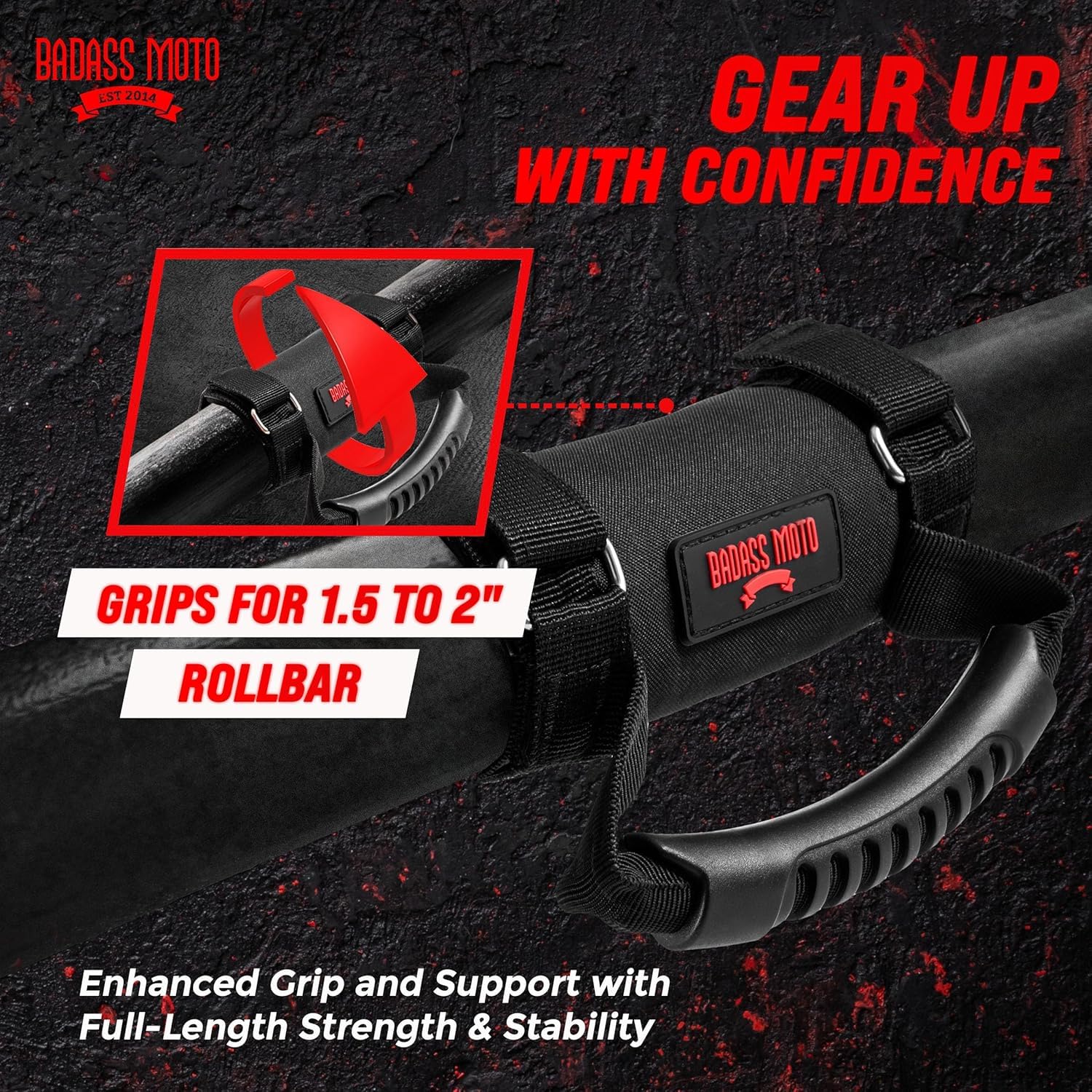 Roll Bar Grab Handles - SXS, ATV, & UTV Grab Handles Grips for 1.5 to 2'' Rollbar - Black & Red Hand Grip Grabs with Stainless S