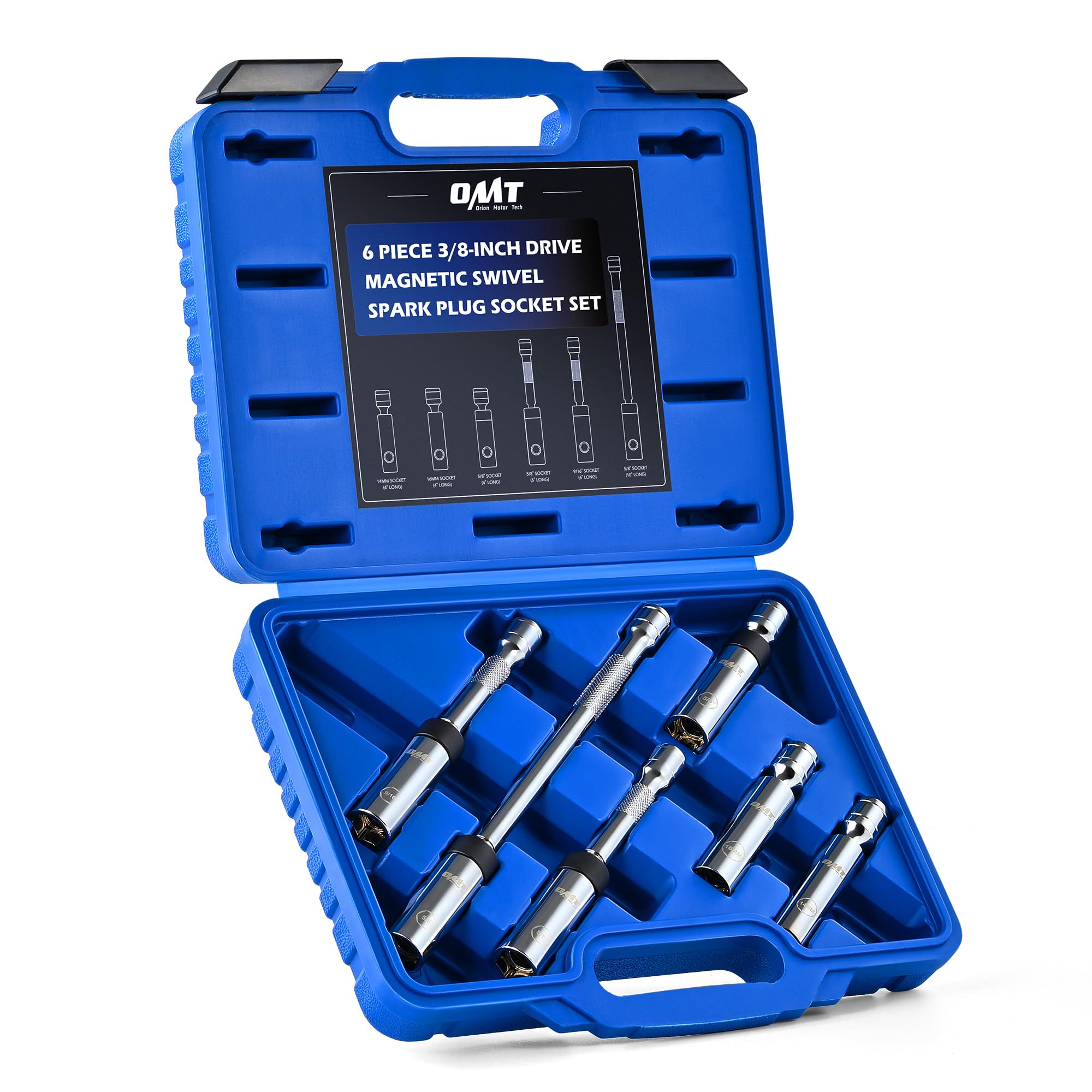 Orion Motor Tech 6pc 3/8 Drive Magnetic Swivel Spark Plug Socket Set, Thin Wall Spark Plug Sockets with 9/16 5/8 14mm 16mm Sizes