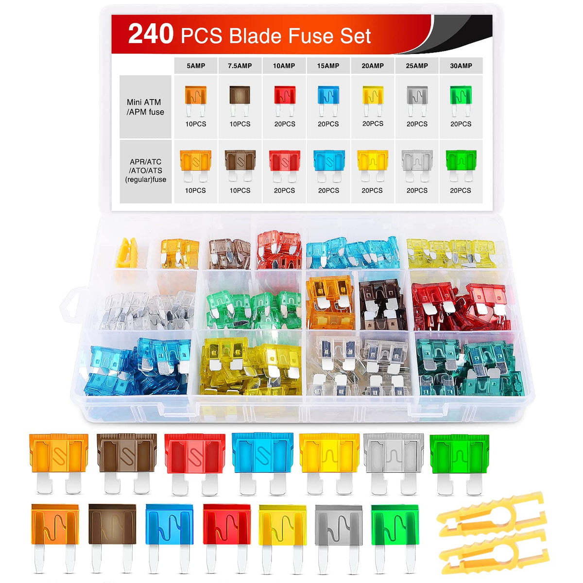 Nilight - 50018R 240Pcs Standard And Mini Blade Fuses Set,5A 7.5A 10A 15A 20A 25A 30A Atc Apr Ato Ats Standard And Atm Apm Mini