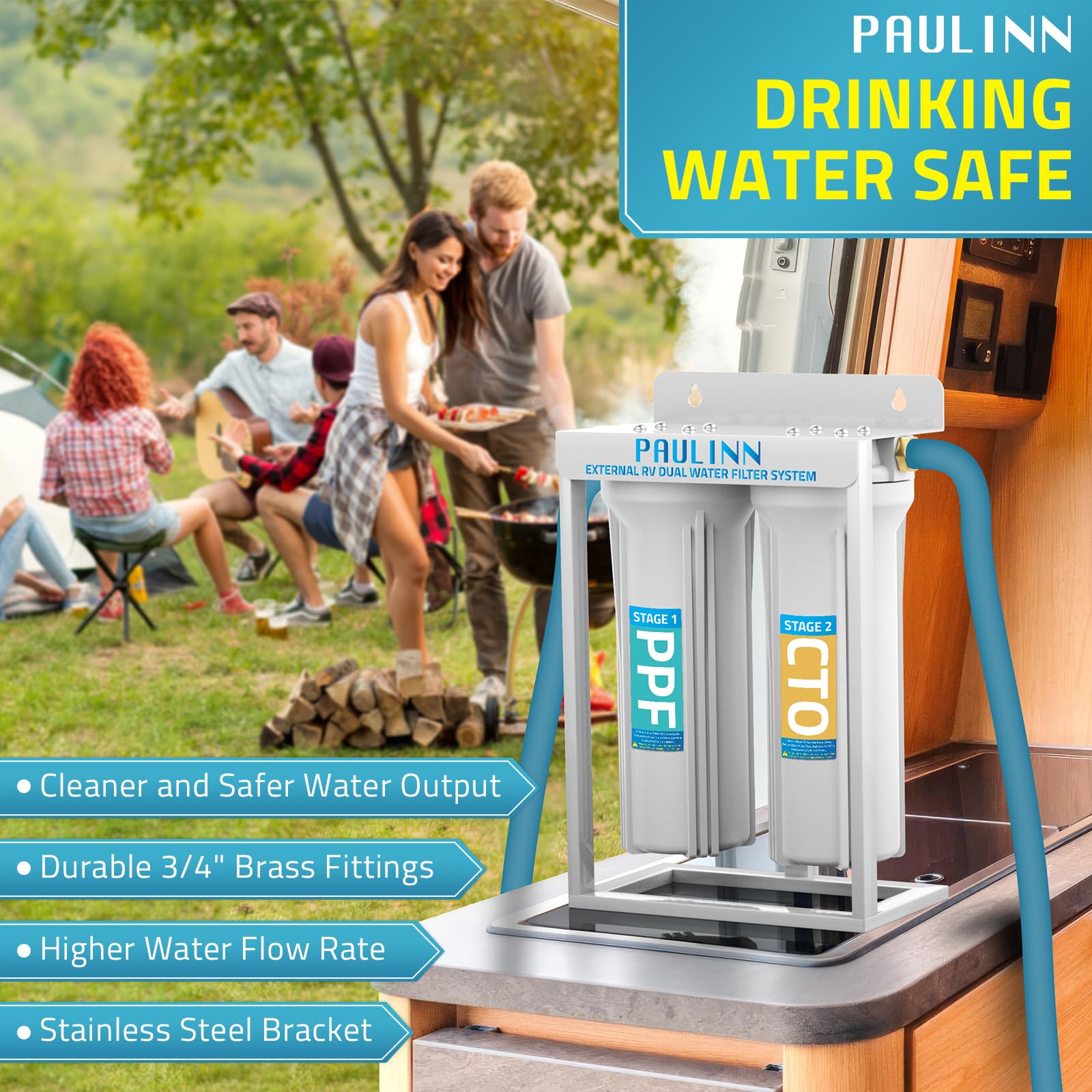 Paulinn External Rv Dual Water Filters System, Lead-Free & Bpa-Free Camper Water Filter With Brass Fittings & Mounting Bracket &
