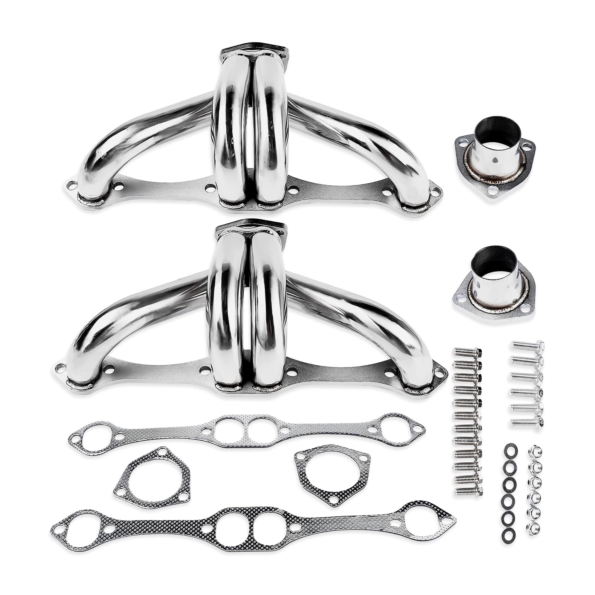 Center Dump Block Hugger Headers for Gen 1 SBC 265 283 302 305 327 350 400 V8 Stainless Steel 3 Bolt Shorty Style for Street Rod