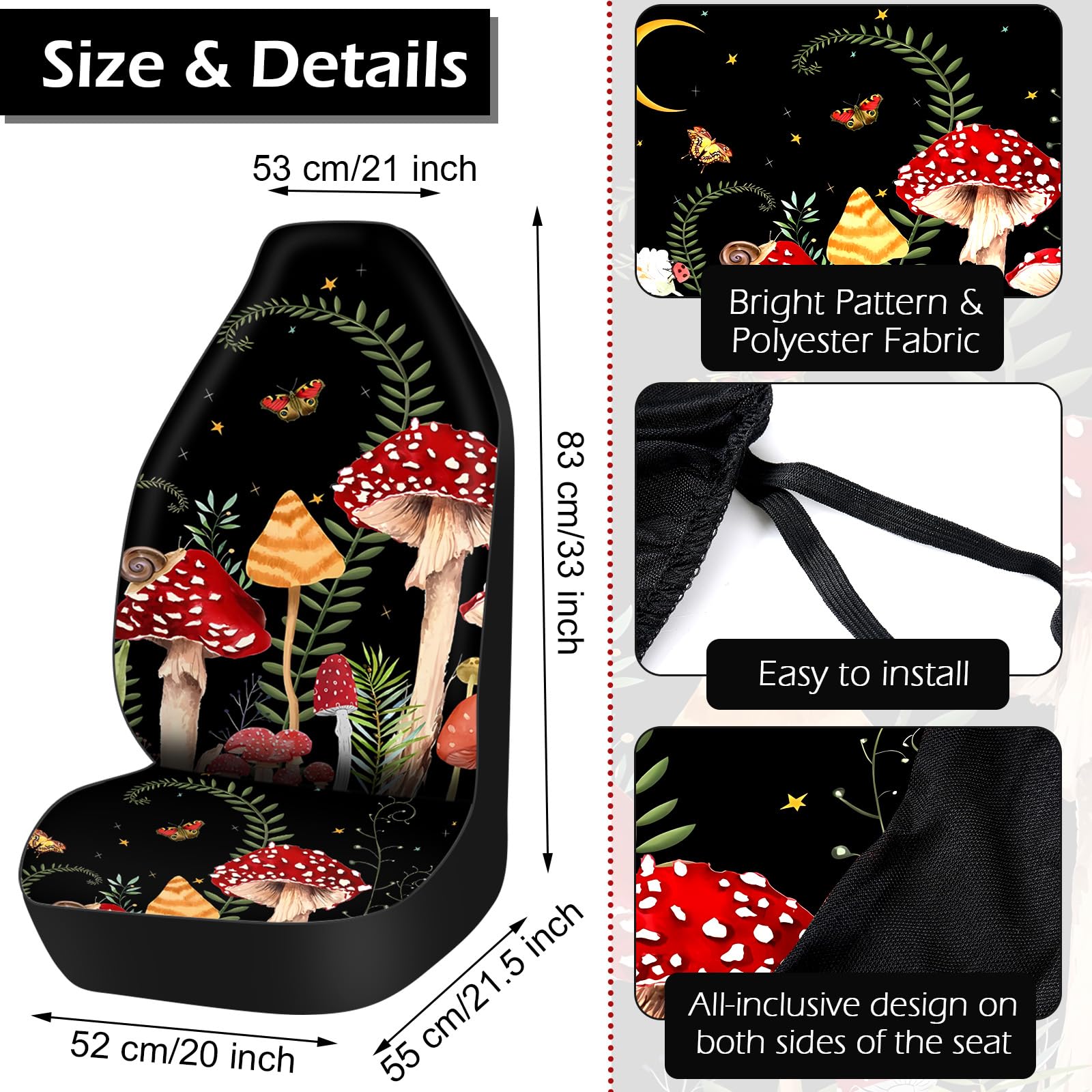 Fabbay 26 Pcs Mushroom Car Seat Covers Set with Protectors Steering Wheel Seat Belt Cover Floor Mat Armrest Cushion Key Chains A