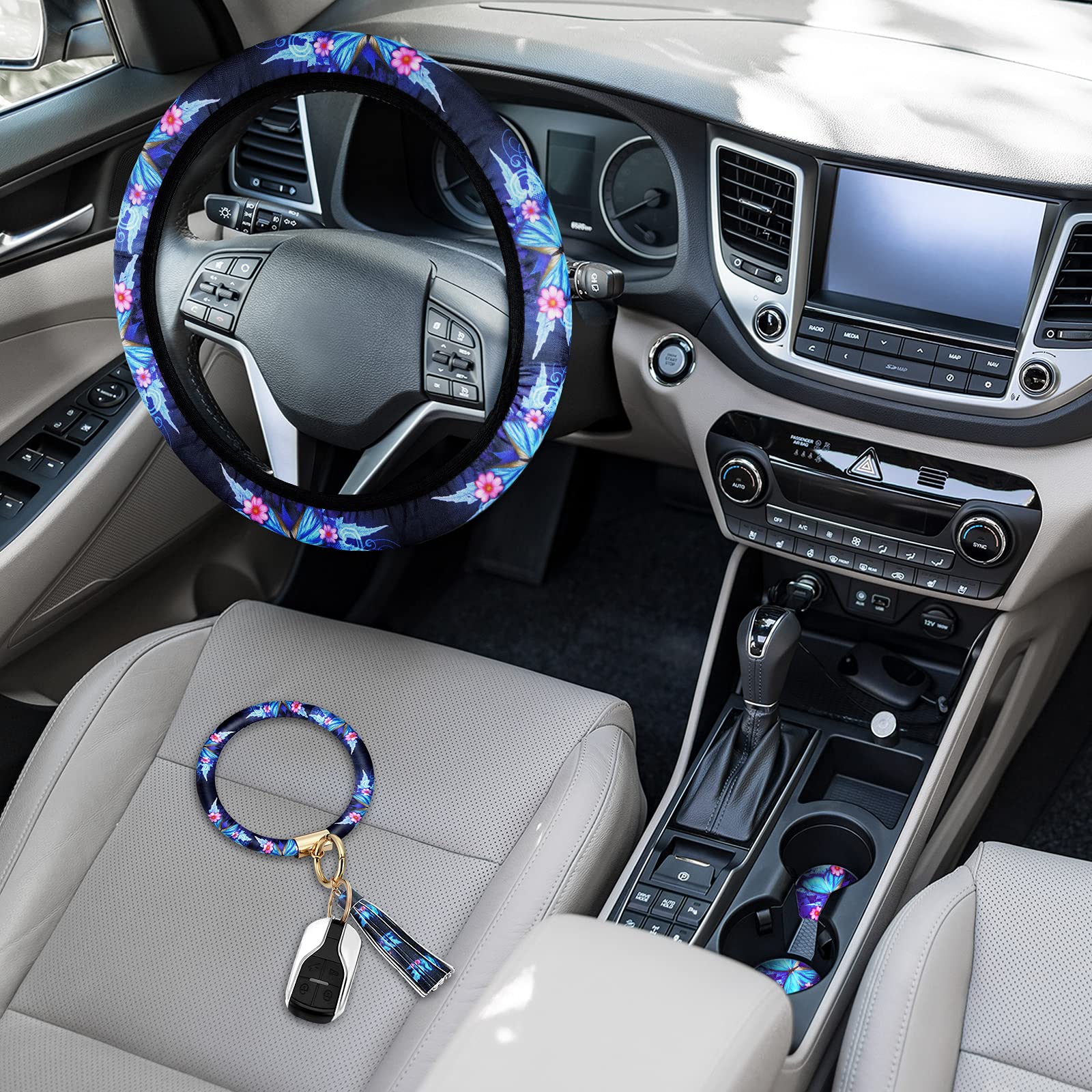 Butterfly Steering Wheel Cover Women Car Accessories Set With Car Cup Pad And Keyring Bracelet Butterflies Design Comfort Grip S