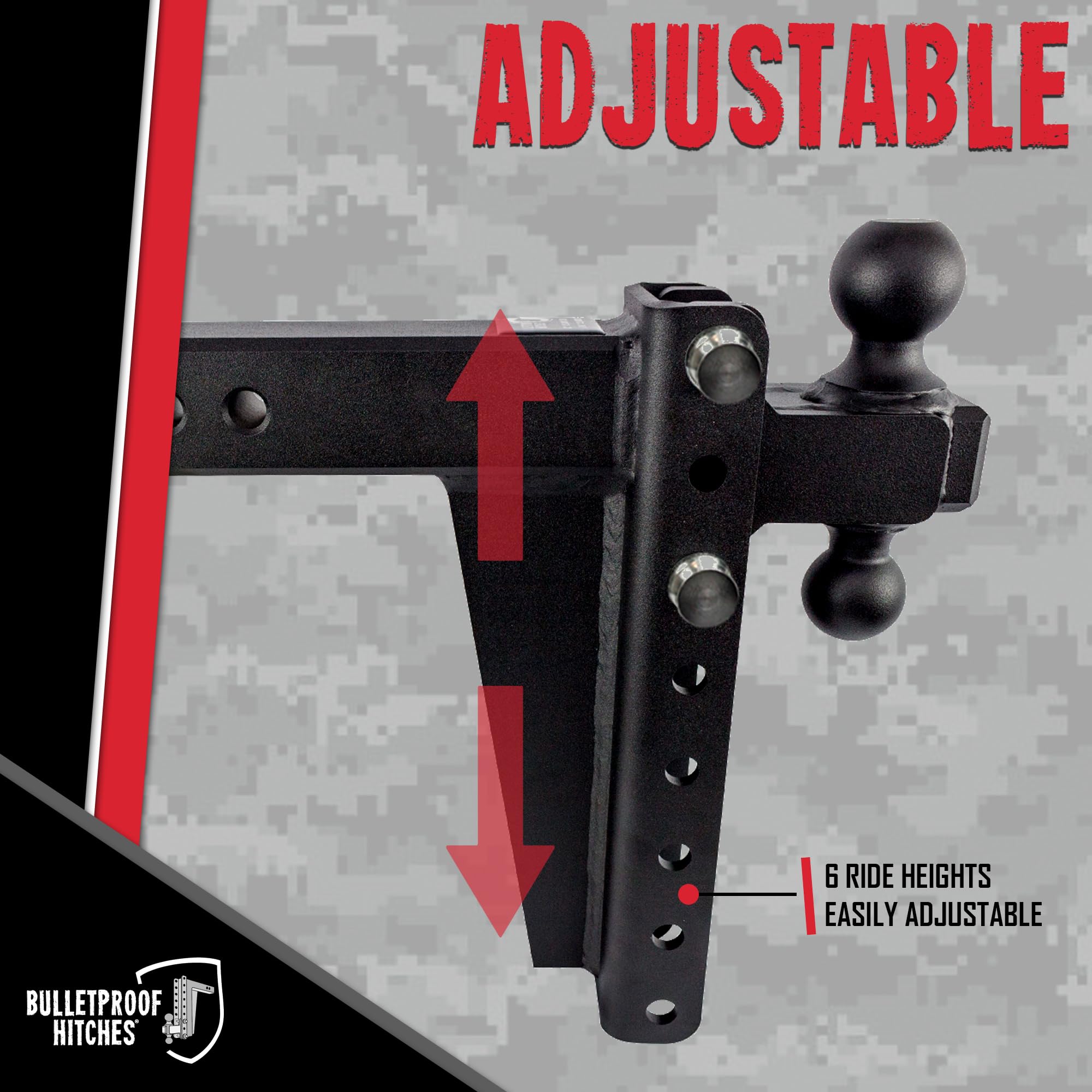 Bulletproof Hitches 2.5'' Adjustable Heavy Duty (22,000Lb Rating) 10'' Drop/Rise Trailer Hitch With 2'' And 2 5/16'' Dual Ball (