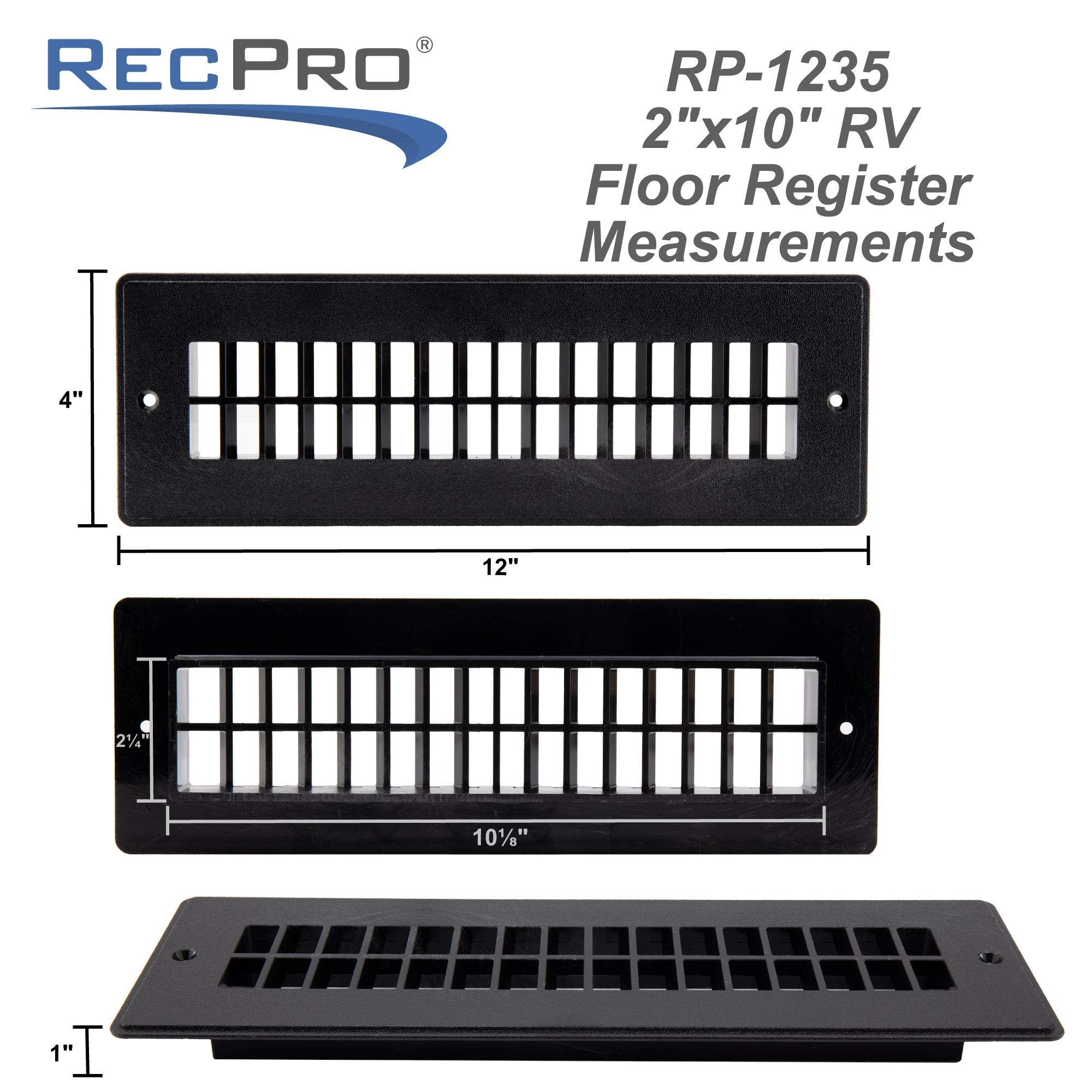 Recpro Rv Floor Register | Rv Stationary Vent Cover | 2-1/4'' X 10-1/8'' Insert | Undampered Duct (Black)