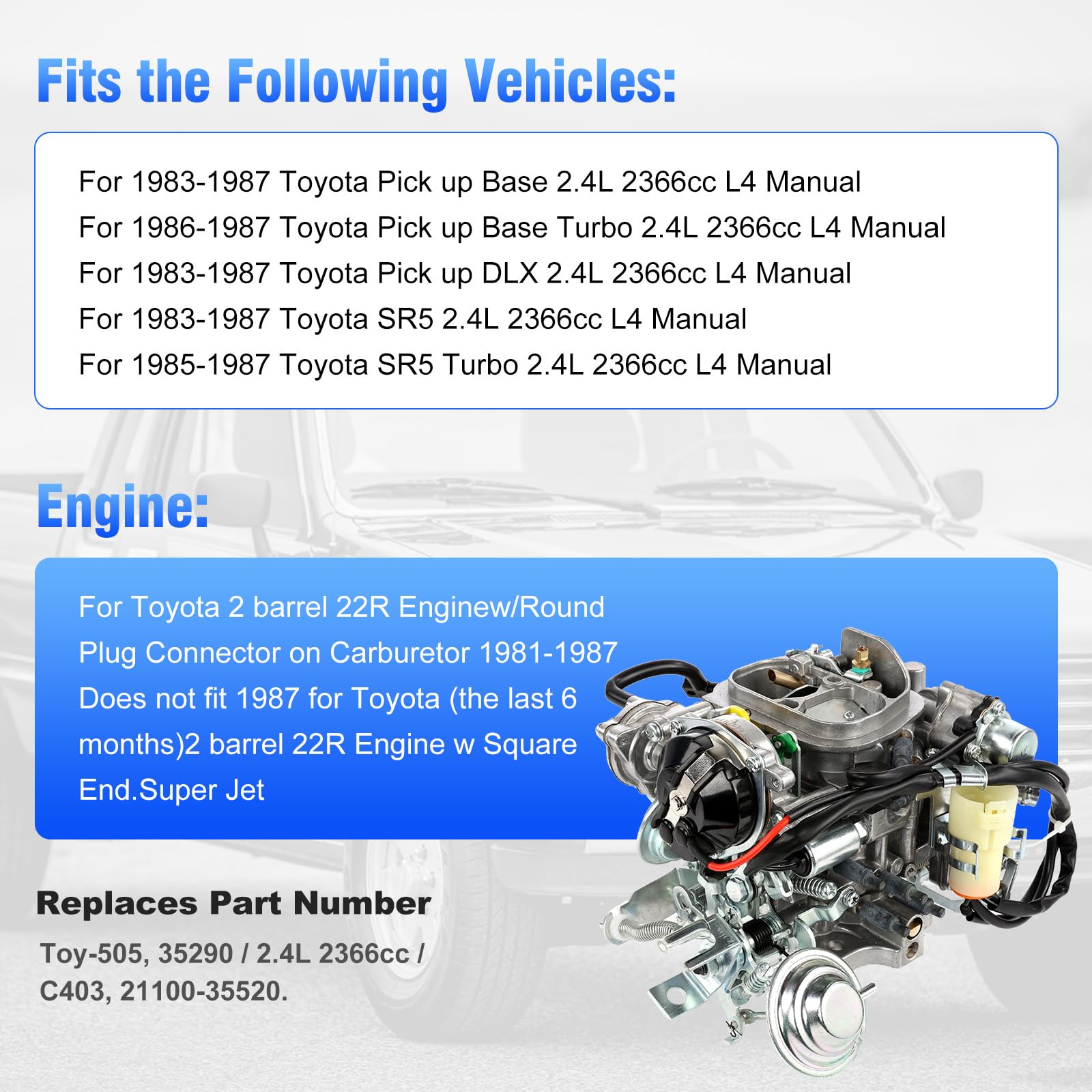 Partol 22R Carburetor For Toyota Pickup Carburetor 1981-1987 Toy-505 Toy-507 2.4L Carburetor Carb, Automatic Choke (35290/2.4L 2