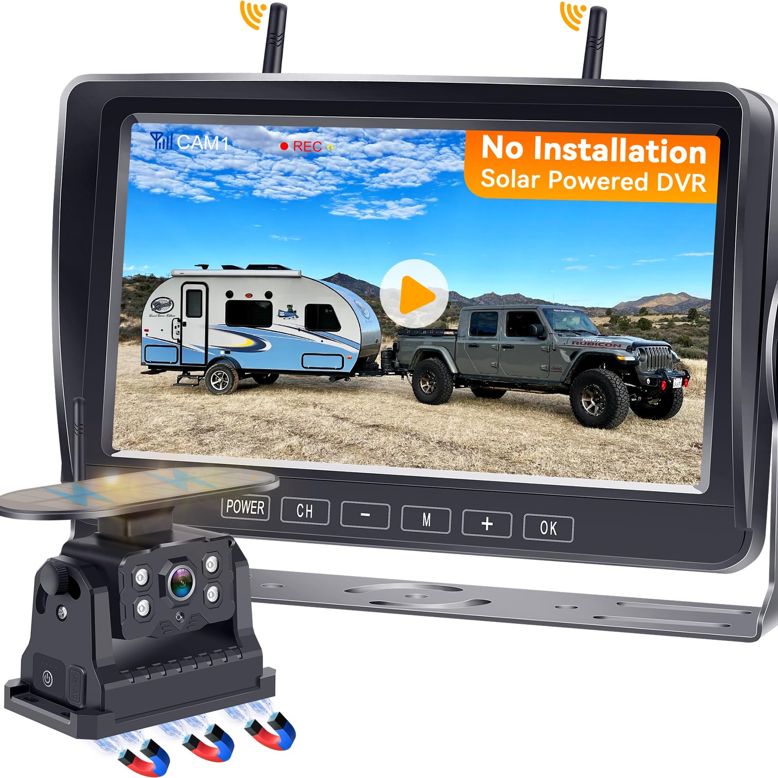 Rv Backup Camera Wireless For Trailer No-Installation: Hd 1080P Solar Rv Camera Long Battery Life With 7 Inch Recording Monitor 