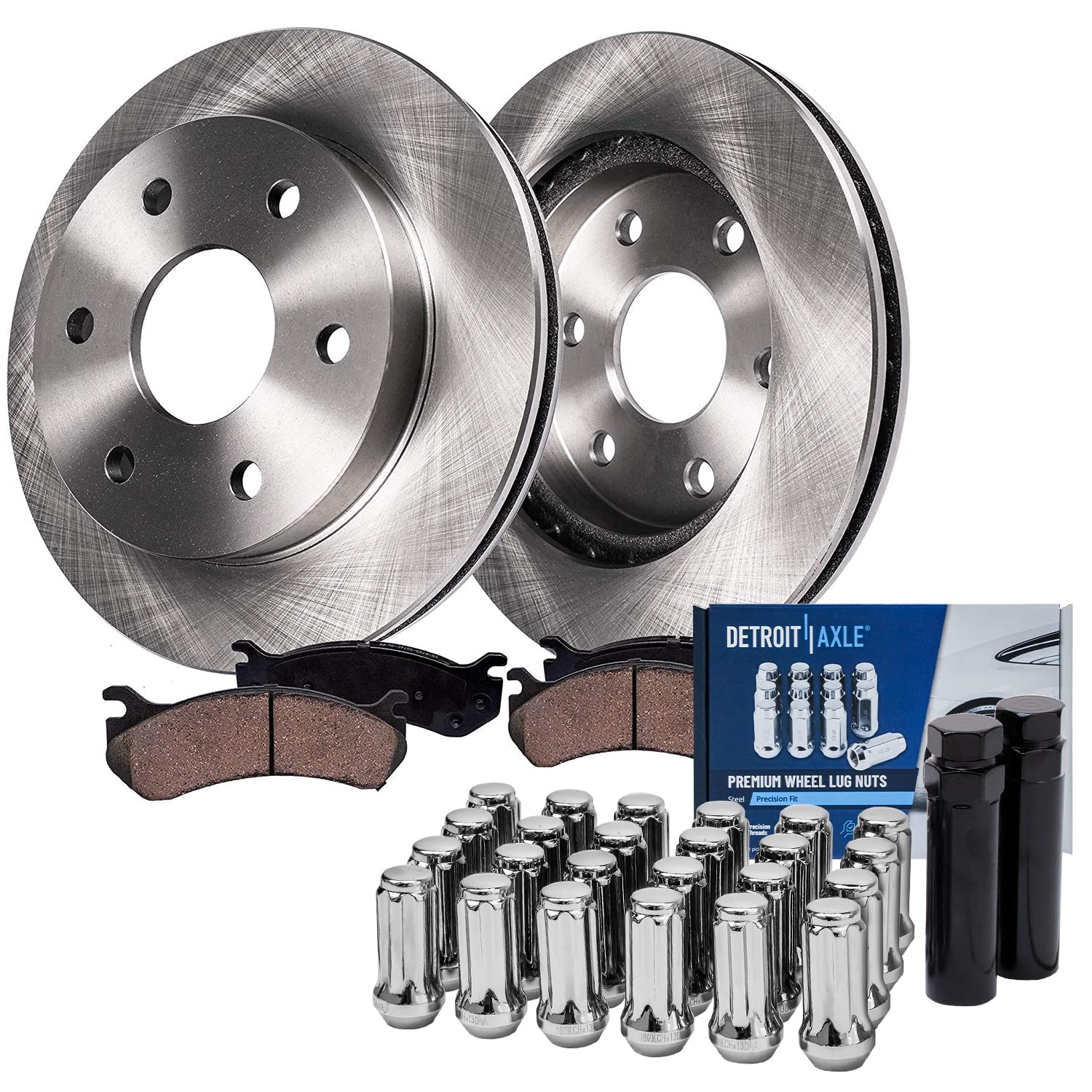 Detroit Axle - 305mm Front Disc Rotors Brake Pads + 24pc Lug Nuts w/keys Replacement for Sierra Silverado 1500 Tahoe Escalade ES