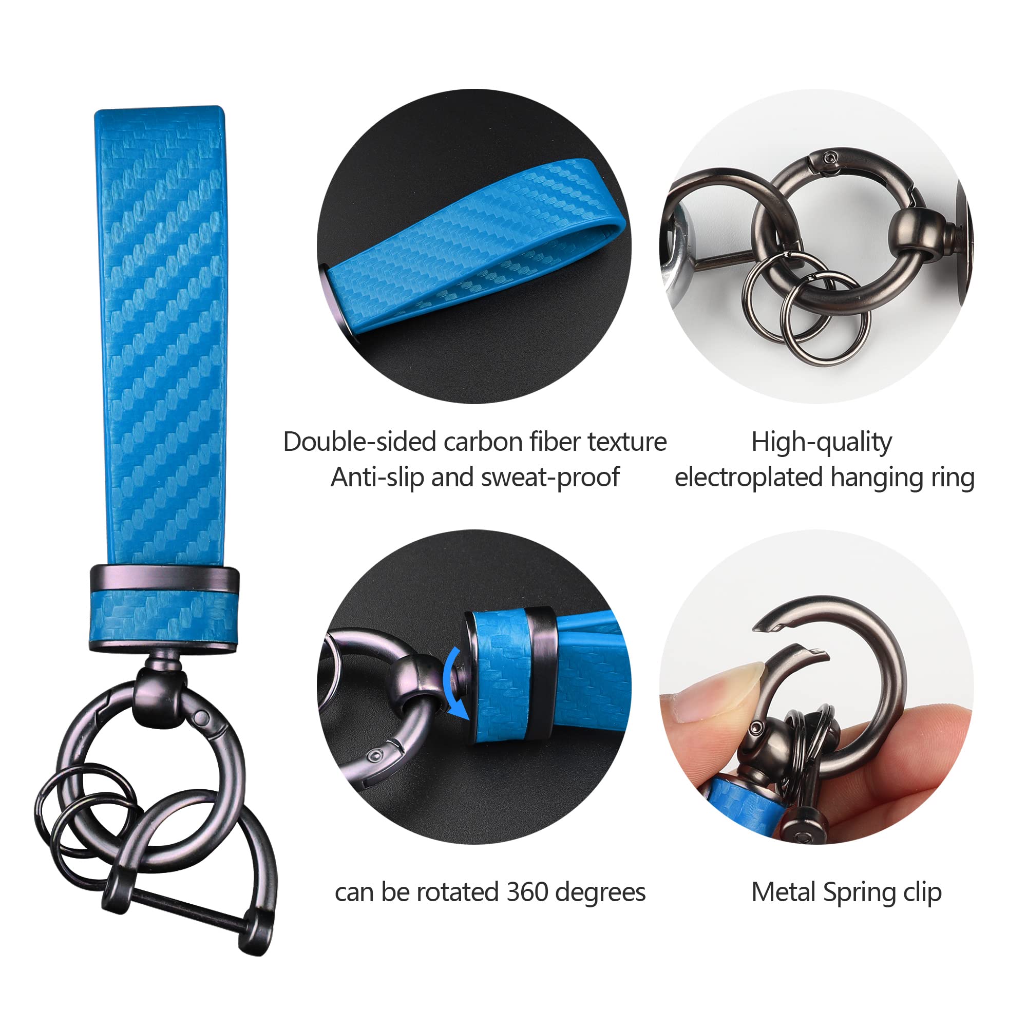 Turcee Carbon Fiber Car Keychain,Interior Accessories Keychains Leather Car Key Fob,Car Accessories Key Ring & Anti-Lost D-Ring(Blue)