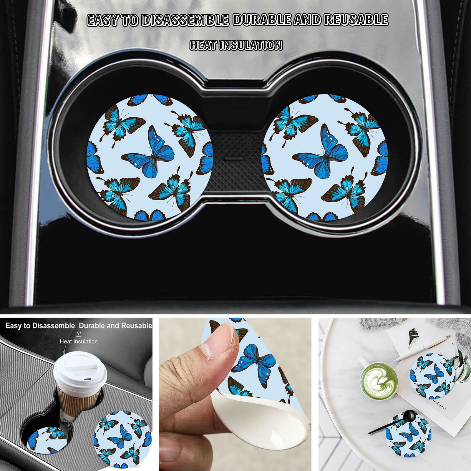 Blue Butterfly Steering Wheel Cover for Women Men with 2 Pcs Car Coasters, Universal 14.5-15 Inch Rainbow Steering Wheel Covers