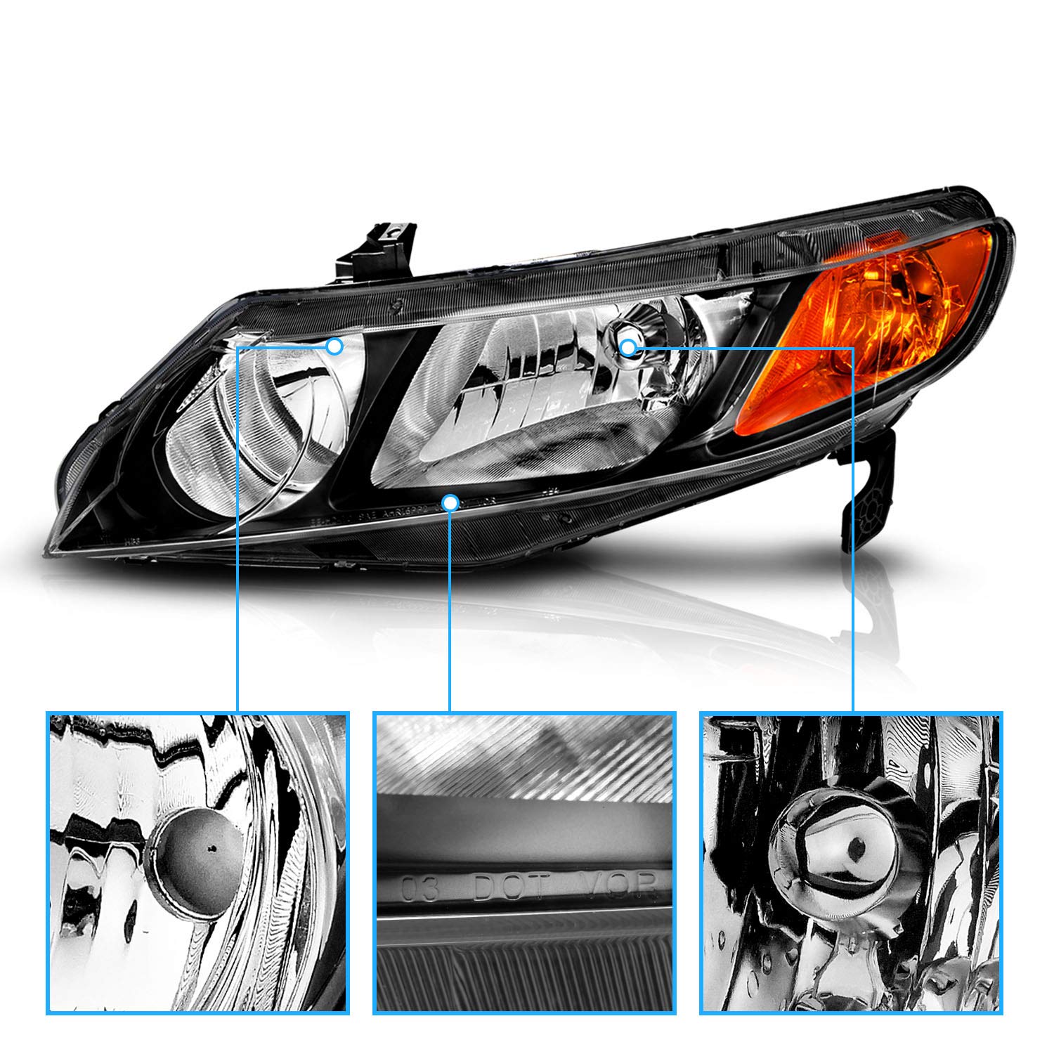 Amerilite Jdm Black Replacement Halogen Headlights Set For 2006-2011 Honda Civic Sedan 4 Door/Hybrid - Passenger And Driver Side