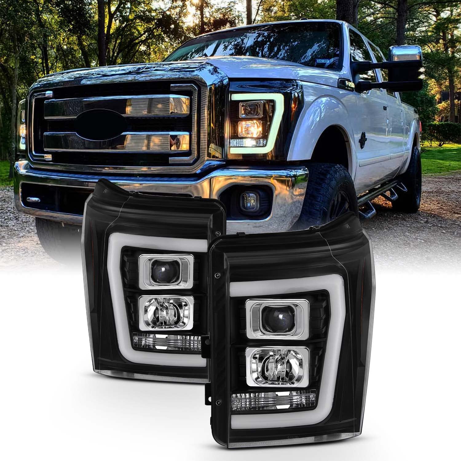 Akkon - For 2011-2016 Ford F250 F350 F450 F550 Superduty Led Tube Black Projector Headlights Driver+Passenger Pair